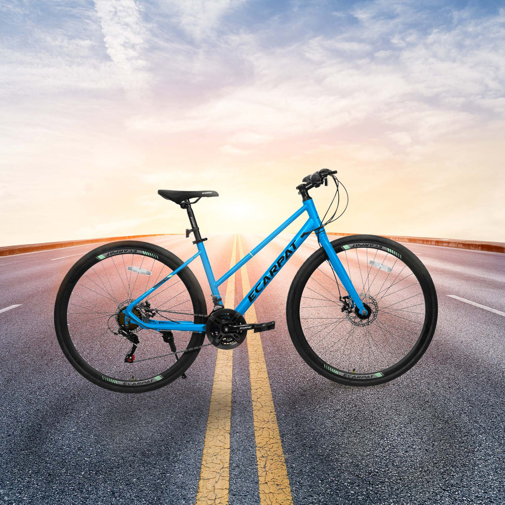 21-Speed 700C Wheels Hybrid Road Bike for Adults, Steel Frame with Dual-Disc Brakes, 85% Pre-Assembled, 68" L x 27.5" W x 37.5" H, Black+Blue