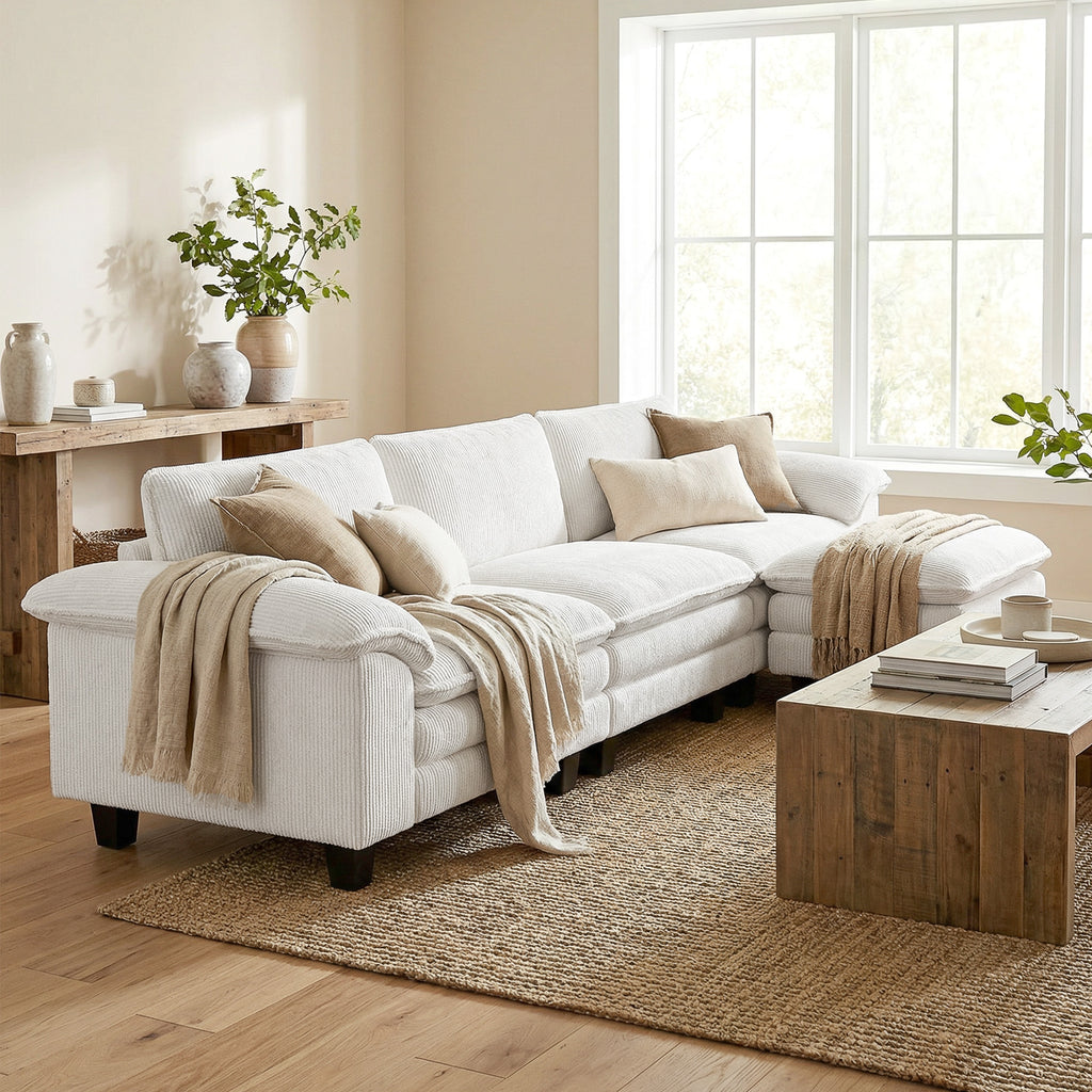 Sectional Sofa, L Shaped Couch with Deep Seat, Movable Ottoman and Pillow-top Armrests, Beige