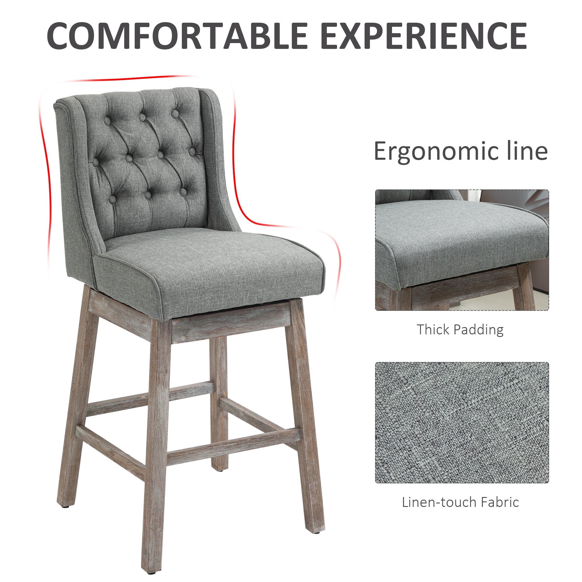 Bar Height Bar Stools Set of 2, 180 Degree Swivel Barstools with Solid Wood Footrests and Button Tufted Design, 30" Seat Height Bar Chairs for Kitchen Island, Gray