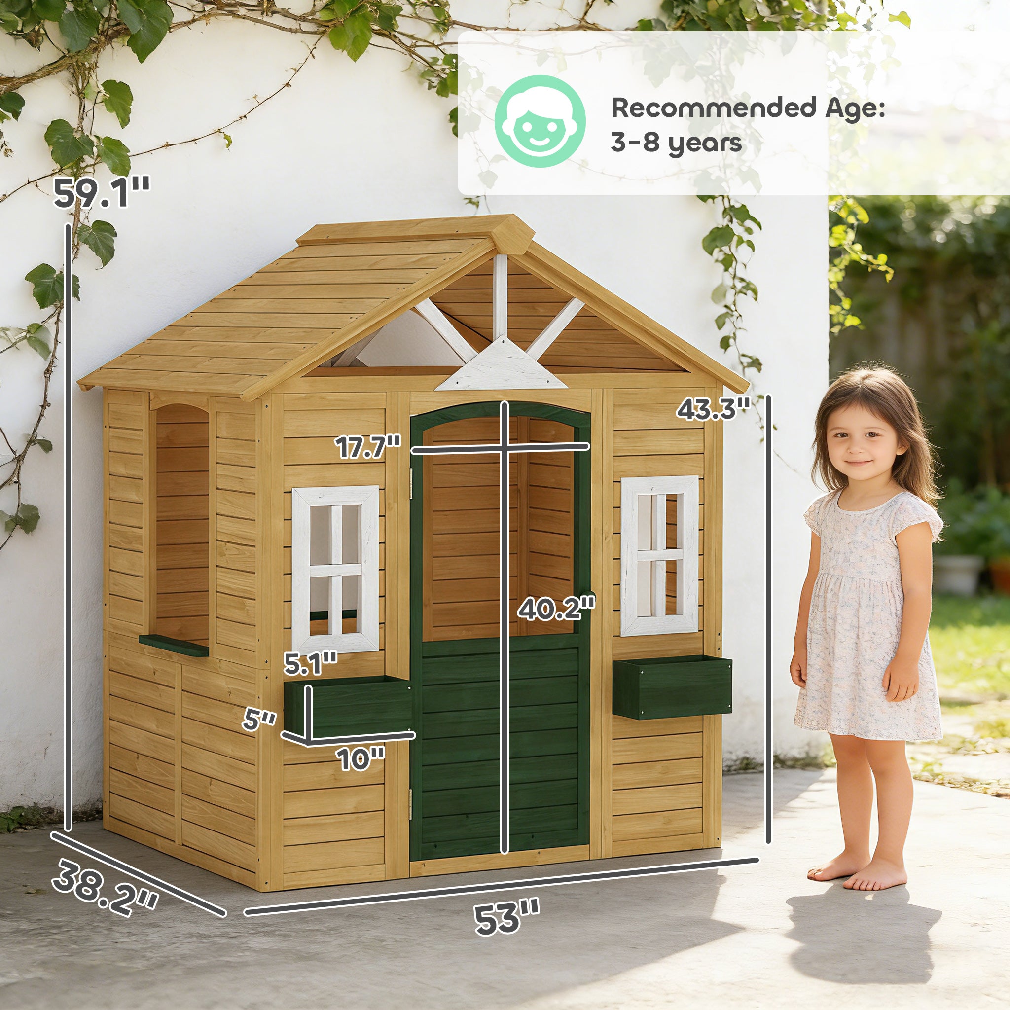 Outdoor Playhouse, Wooden Kids Playhouse with Door, 3 Windows, 2 Flower Boxes for Garden, Indoor Playroom, Ages 3–8