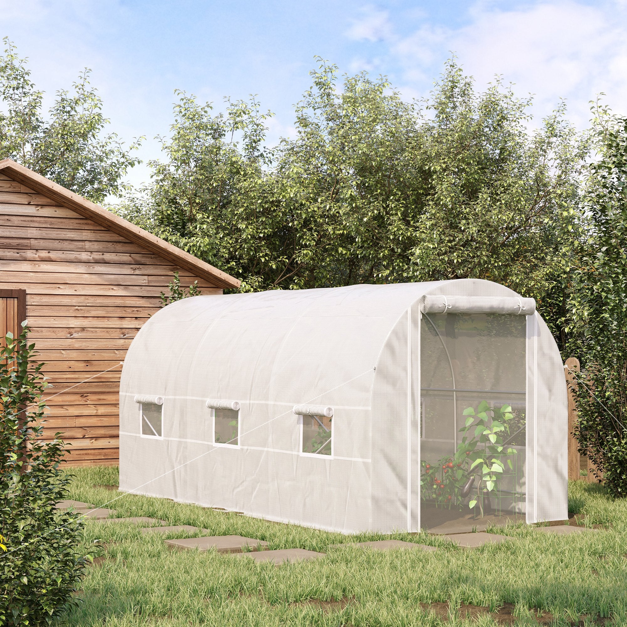 14.6' x 6.6' x 6.6' Walk-In Tunnel Greenhouse, Large Garden Hot House Kit with 6 Roll-up Windows & Roll Up Door, Steel Frame, White