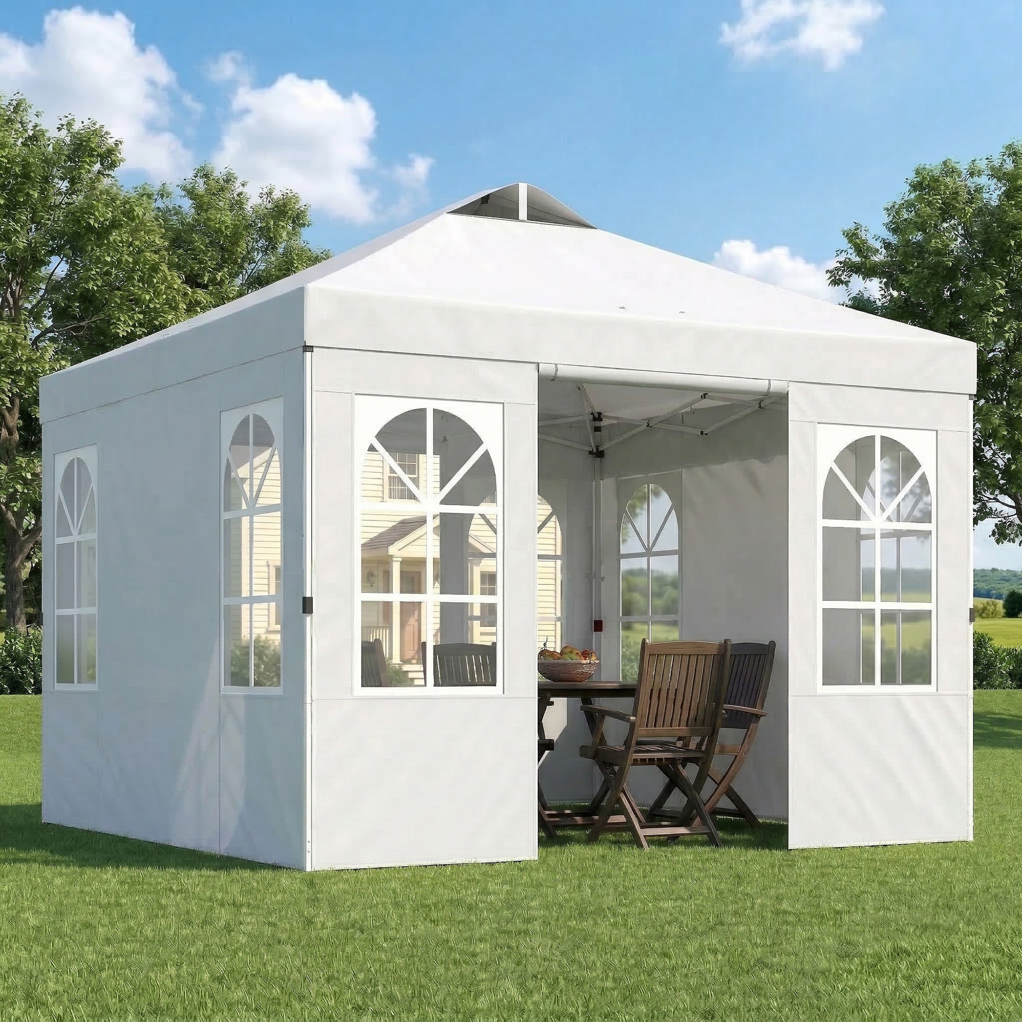 9.6 x 9.6 ft Pop Up Canopy Tent with Sidewalls, One Push Setup, UPF50+ Portable Instant Canopy Shelter, White