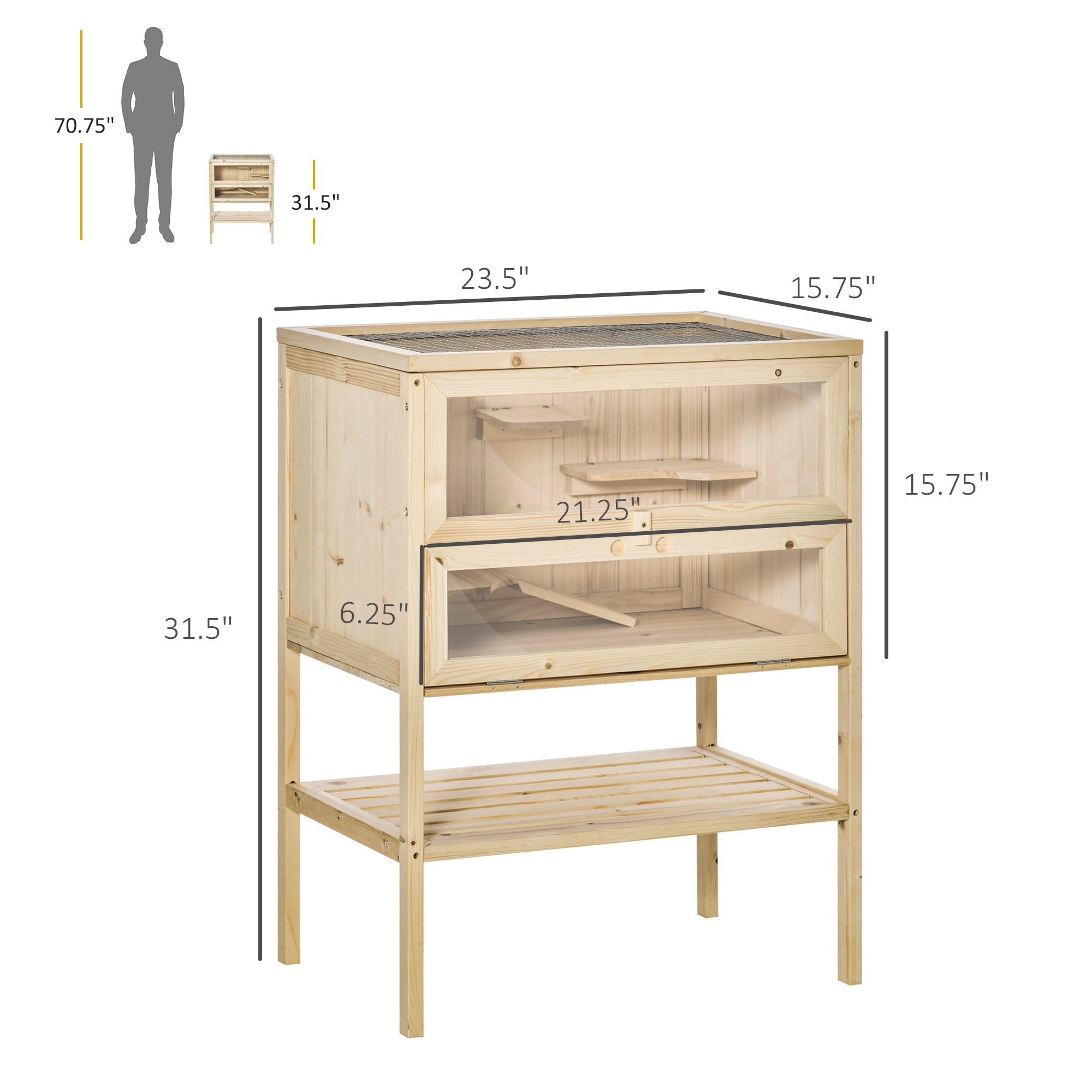 3-Tier Wooden Hamster Cage Mice and Rat Cage Small Animals Hutch with Openable Top, Front Door, Shelf, Natural Wood