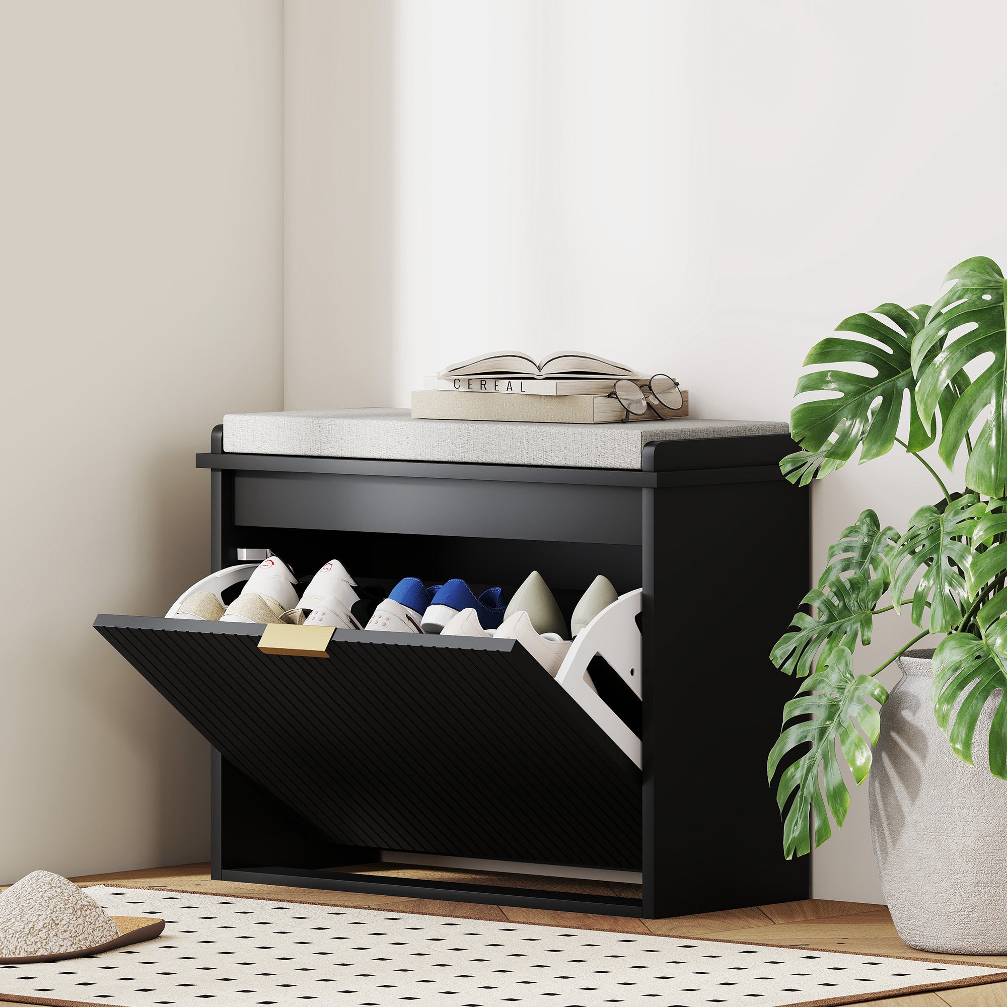 Shoe Storage Bench with Padded Seat Cushion and Flip-Drawer, Entryway Bench, Shoe Cabinet, 24.4x10.2x18.7 Inches, Black