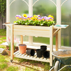 Wood Raised Planter Box, Elevated Garden Bed with Lockable Wheels, Side Tables, Bottom Shelf, Drain Holes, Natural