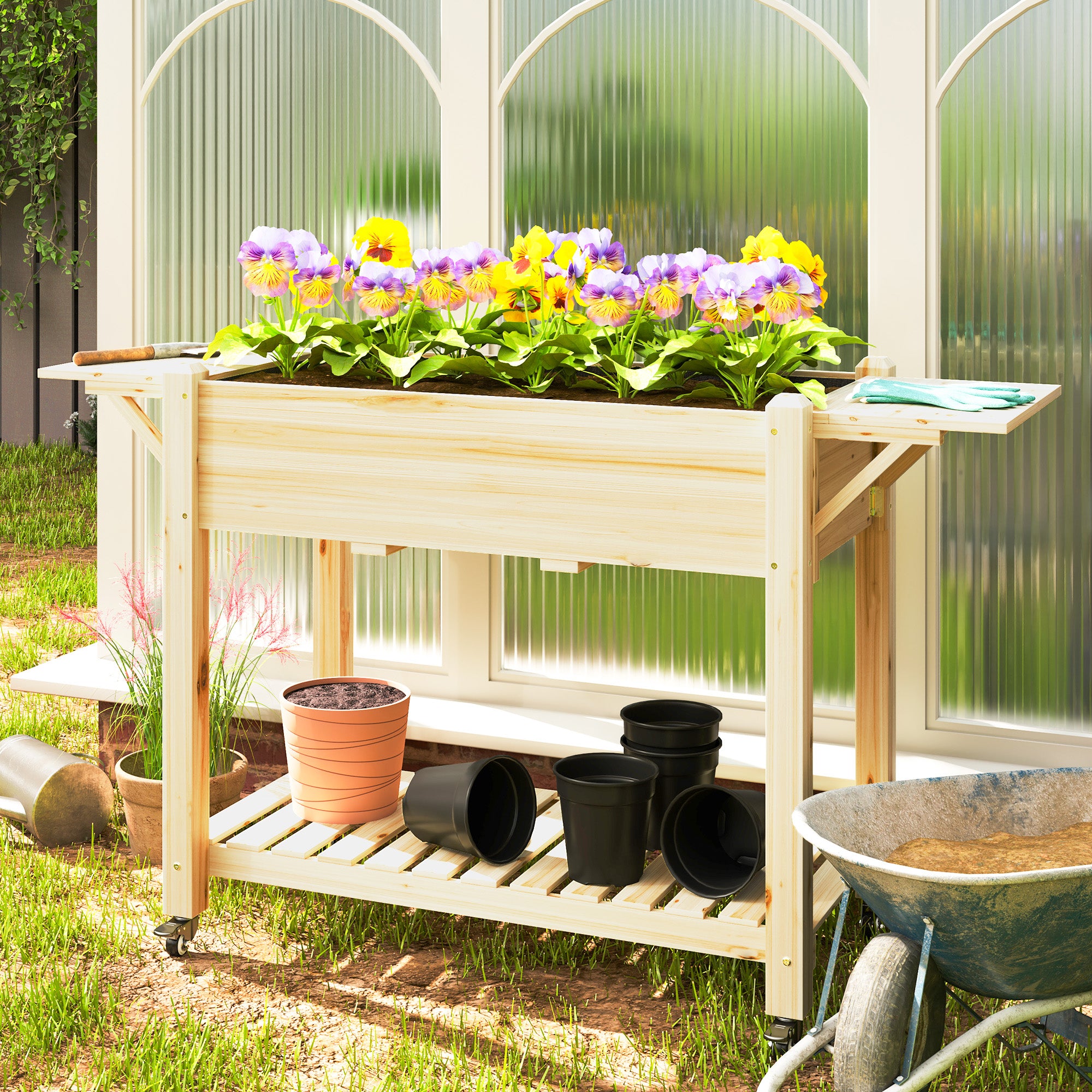Wood Raised Planter Box, Elevated Garden Bed with Lockable Wheels, Side Tables, Bottom Shelf, Drain Holes, Natural