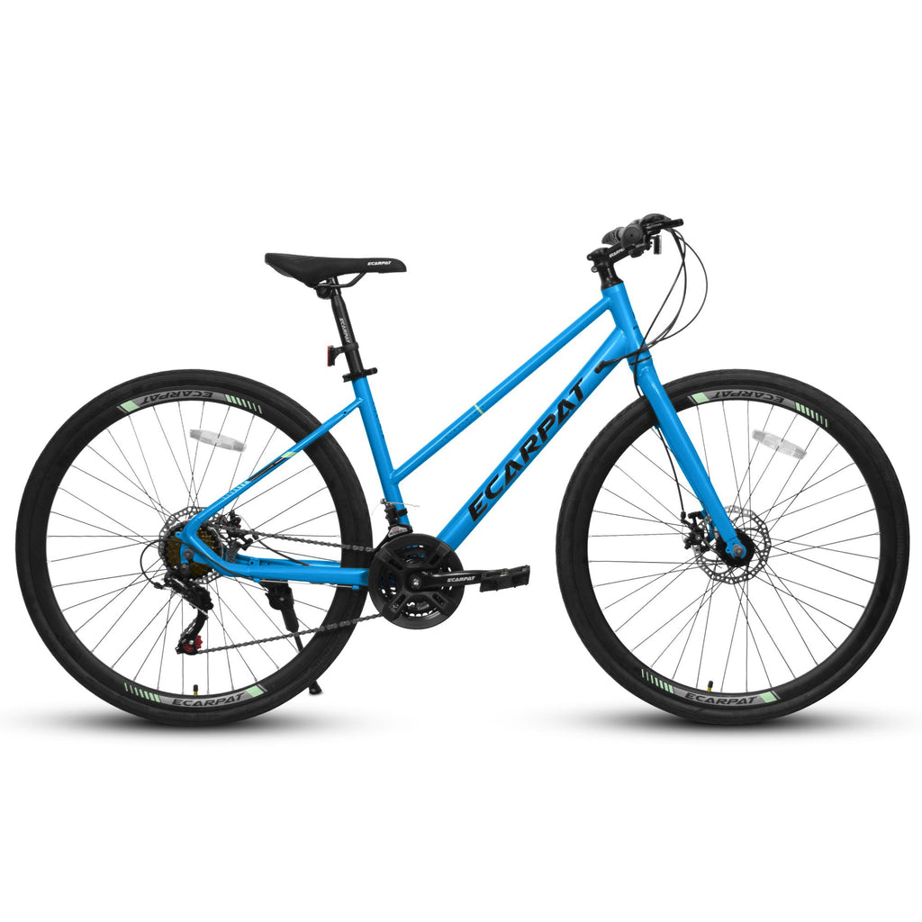 21-Speed 700C Wheels Hybrid Road Bike for Adults, Steel Frame with Dual-Disc Brakes, 85% Pre-Assembled, 68" L x 27.5" W x 37.5" H, Black+Blue