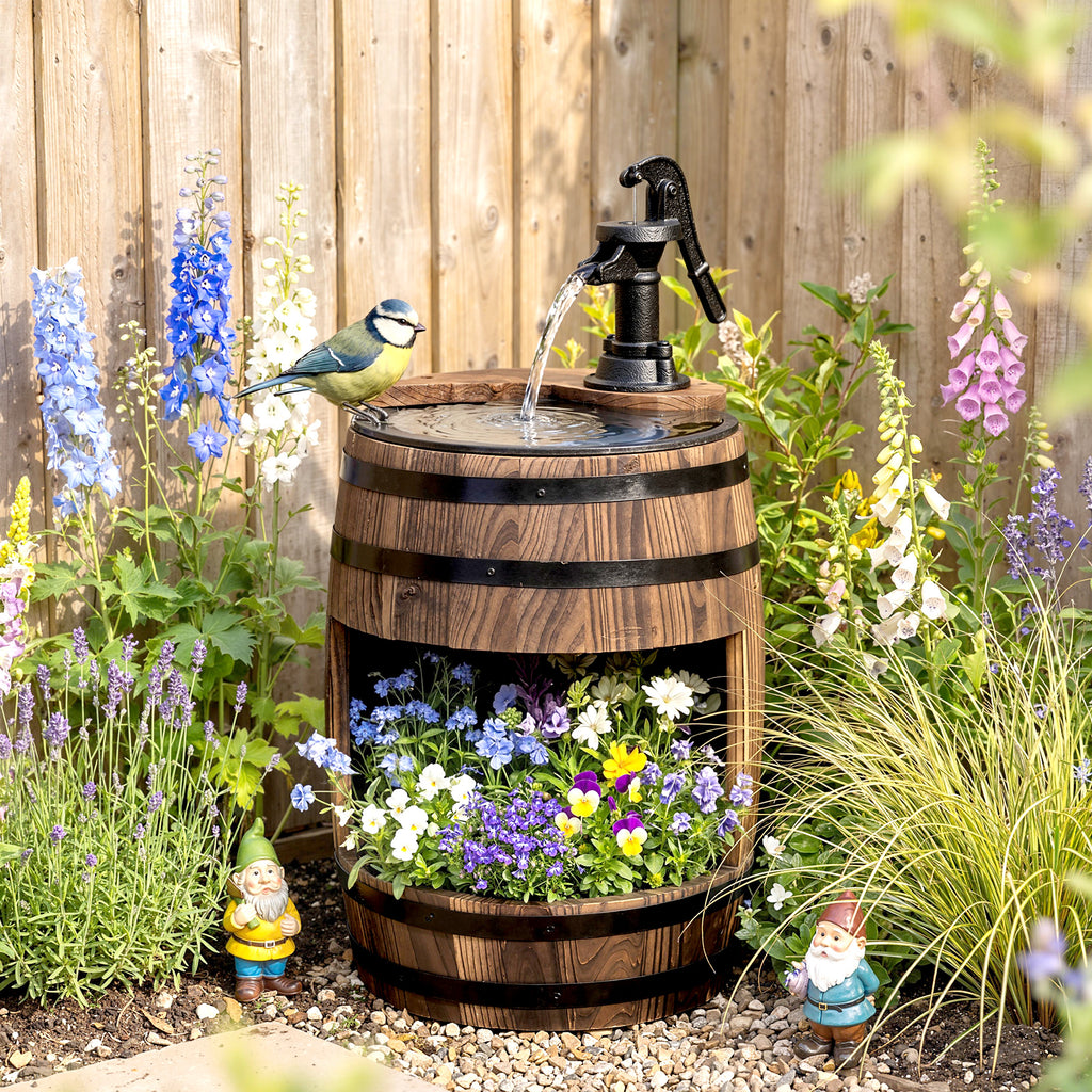 23" H Outdoor Water Fountain Wood and Plastic Rustic Apple Barrel Pump Garden Decor for Outside Backyard