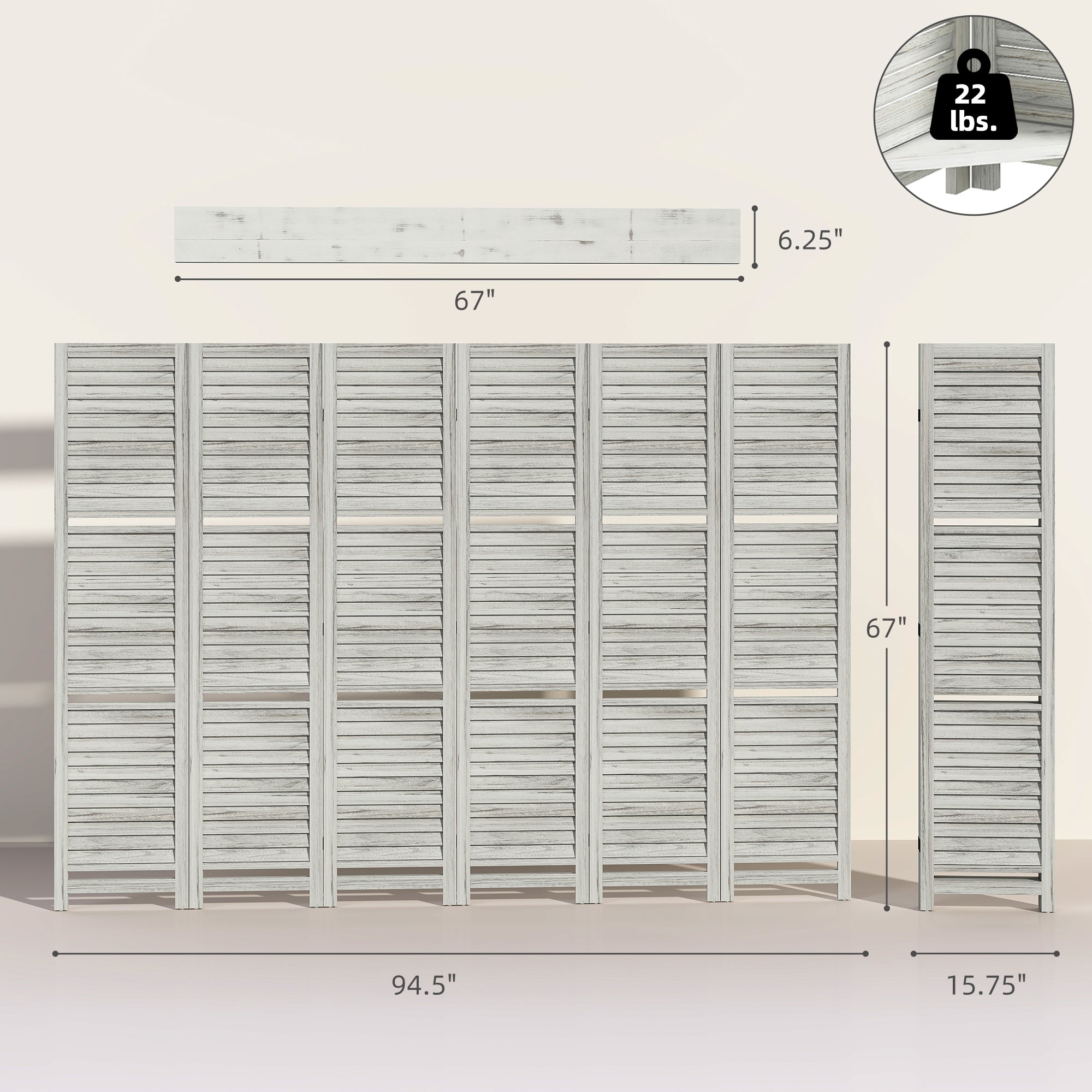 6 Panel 67" Tall Wood Privacy Screen Room Divider with 3 Shelves and Folding Storage for Bedroom, White