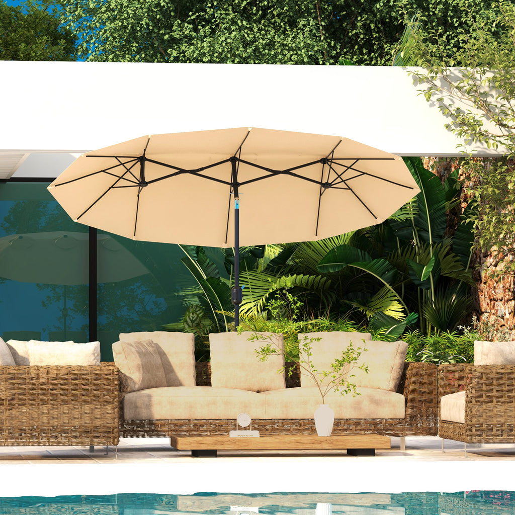 Double Sided Patio Umbrella, 9.7' Large Outdoor Market Umbrella with Push Button Tilt and Crank, 3 Air Vents and 12 Ribs, for Garden, Deck, Pool, Brown