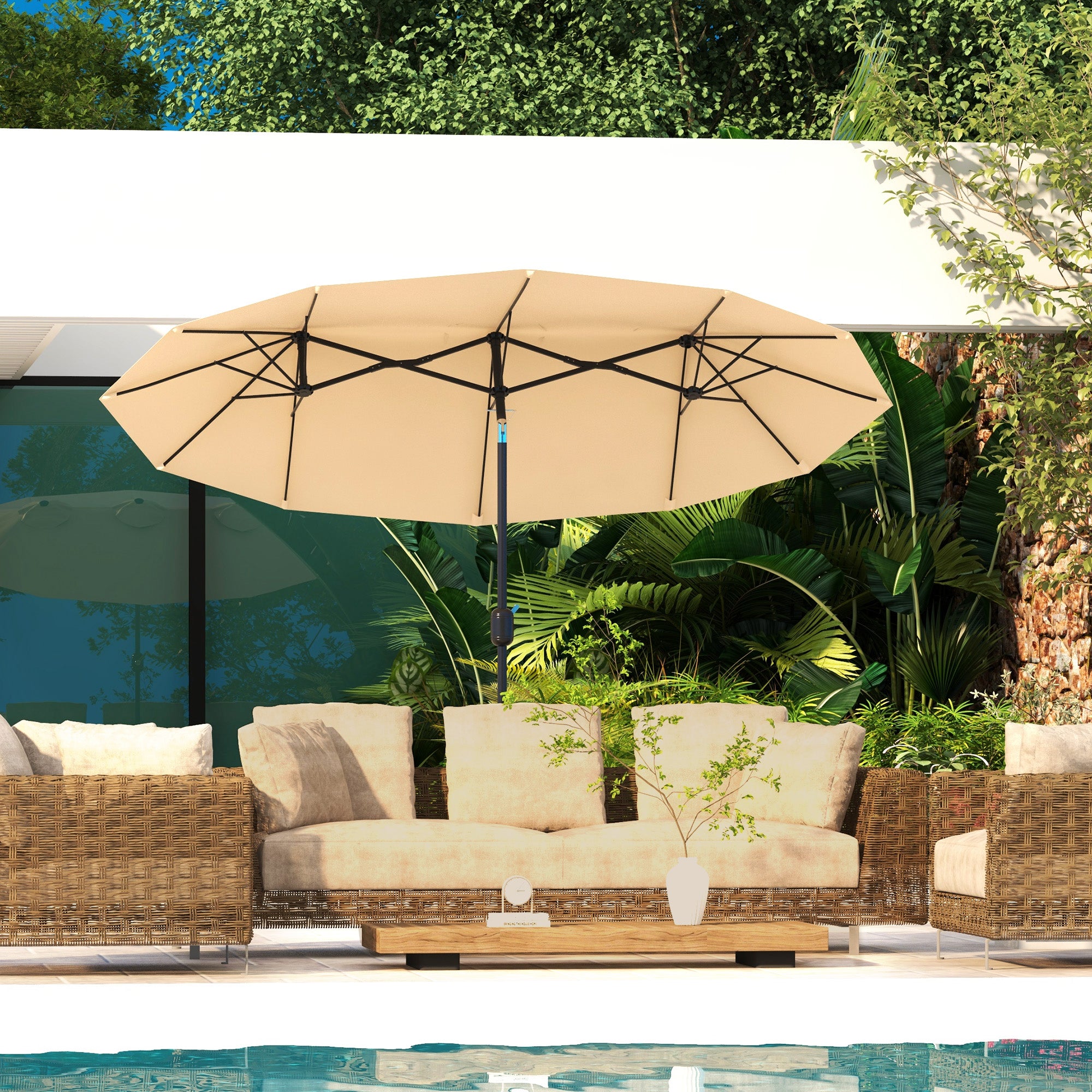 Double Sided Patio Umbrella, 9.7' Large Outdoor Market Umbrella with Push Button Tilt and Crank, 3 Air Vents and 12 Ribs, for Garden, Deck, Pool, Brown