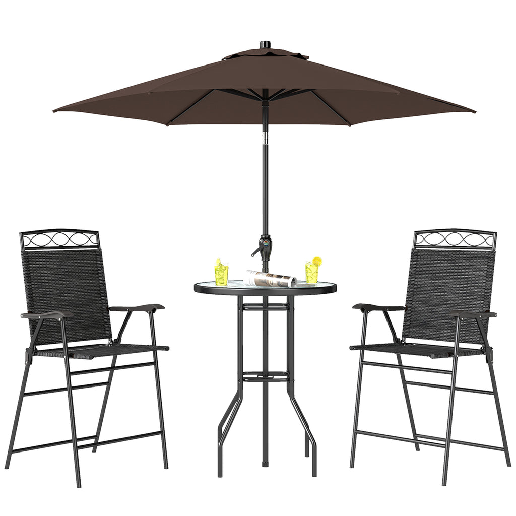 4 Piece Outdoor Bar Set with Umbrella, Patio Dining Set with 2 Folding Chairs, Wave Textured Tempered Glass Table for Backyard, Garden, Deck, Poolside, Black