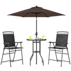 4 Piece Outdoor Bar Set with Umbrella, Patio Dining Set with 2 Folding Chairs, Wave Textured Tempered Glass Table for Backyard, Garden, Deck, Poolside, Black