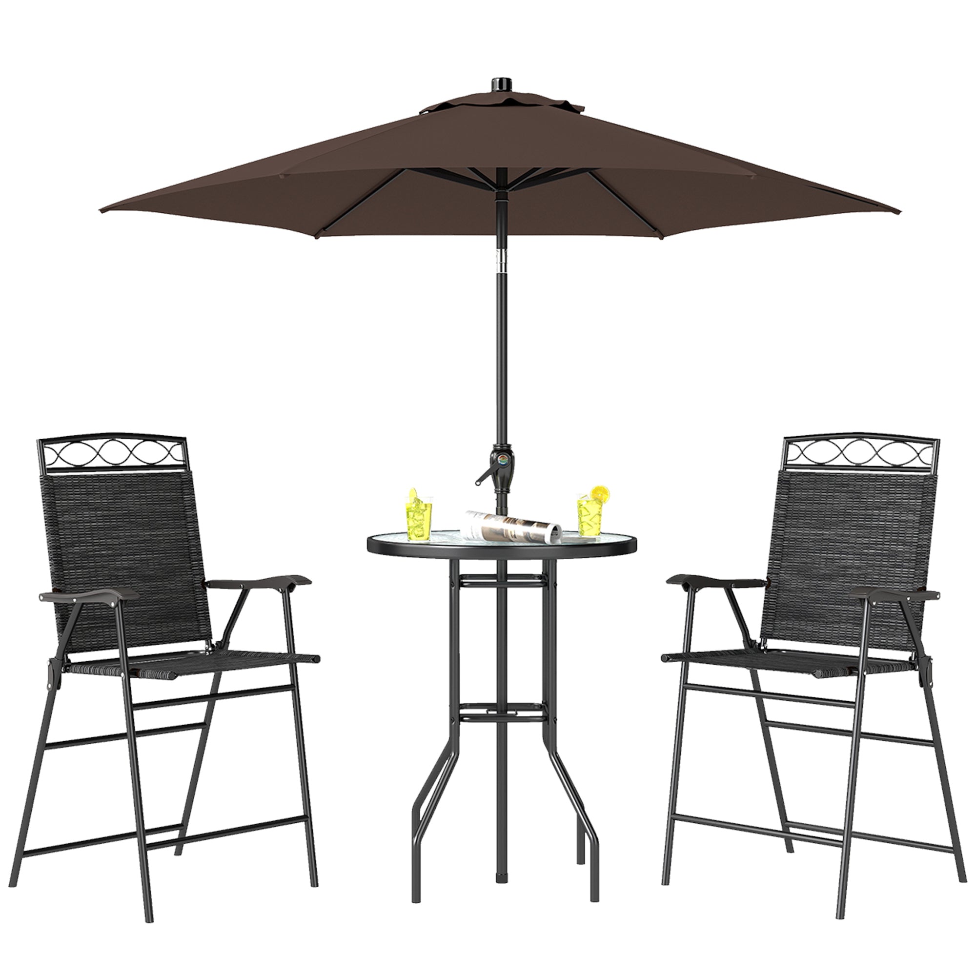4 Piece Outdoor Bar Set with Umbrella, Patio Dining Set with 2 Folding Chairs, Wave Textured Tempered Glass Table for Backyard, Garden, Deck, Poolside, Black