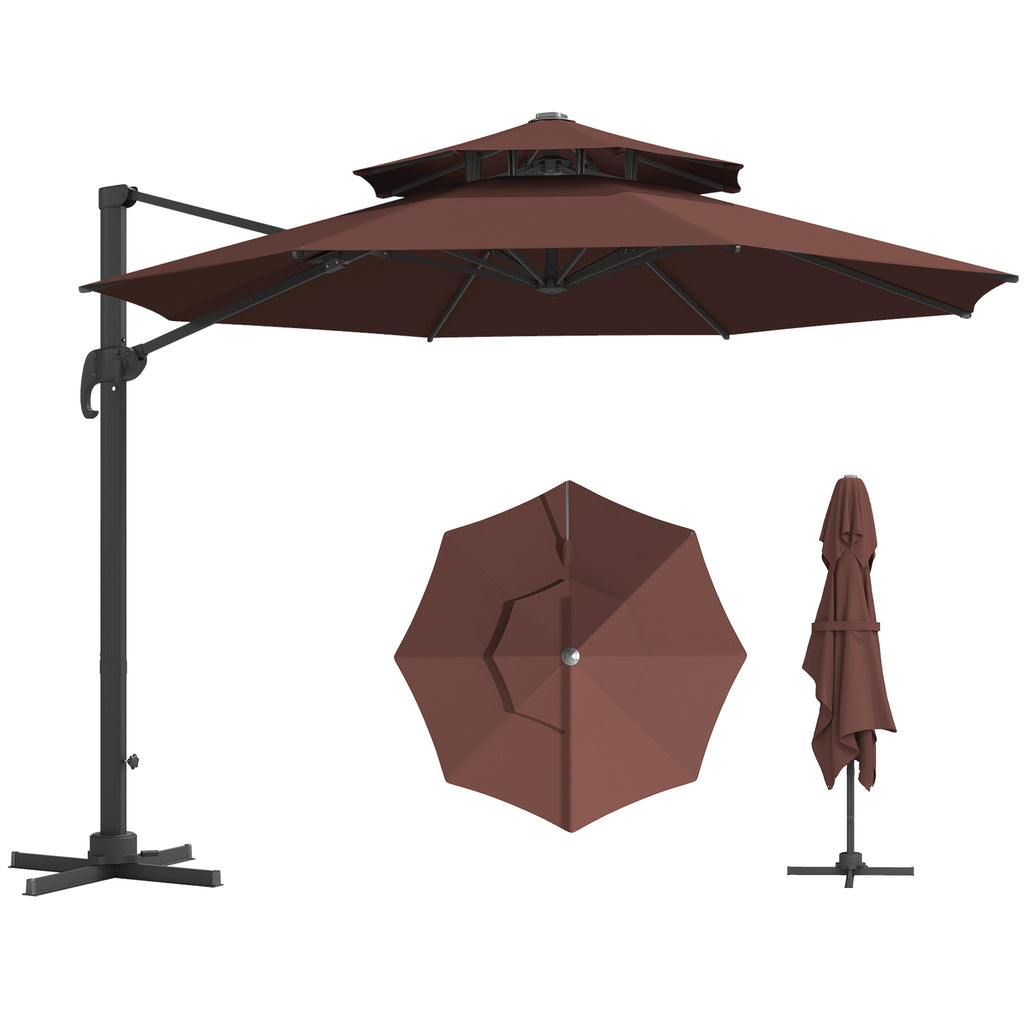 11ft Cantilever Patio Umbrella with Base, Double Top Hanging Aluminum Offset Umbrella with 360° Rotation, Easy Tilt, 8 Ribs, Crank, Cross Base for Backyard, Brown