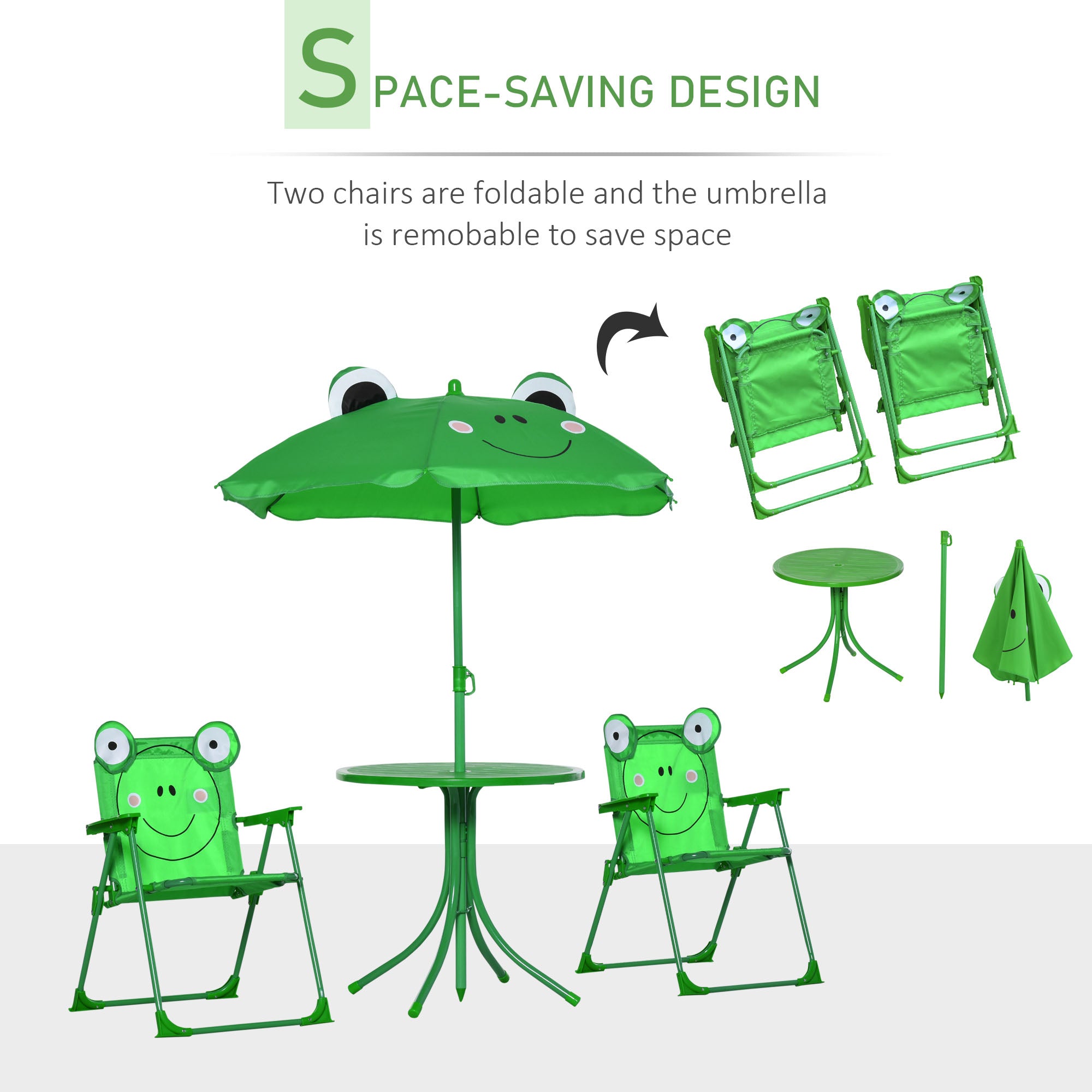 Kids Table and Chair Set, Outdoor Folding Garden Furniture, Picnic Table for Patio Backyard, with Removable & Height Adjustable Sun Umbrella, Green Frog