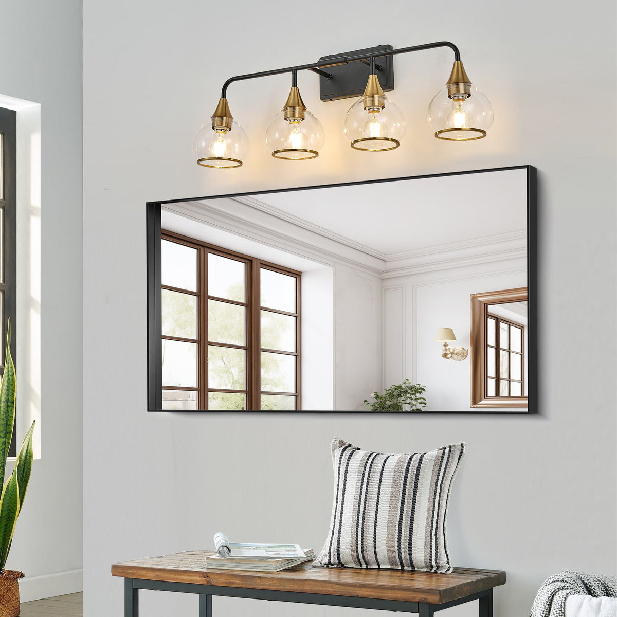 31" Modern 4-Light Vanity Wall Sconce with Clear Glass Shades, Industrial Wall Mounted Lamp for Living Spaces, 31" L x 8" W x 11" H, Black+Gold