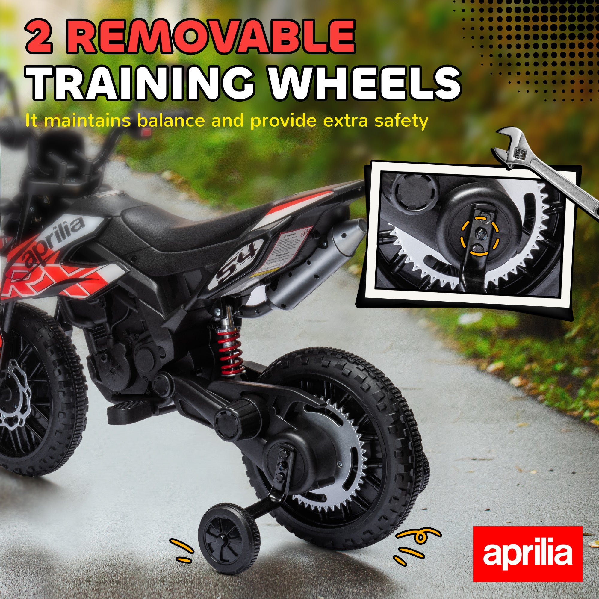 12V Aprilia Licenced Kids Motorcycle with Training Wheels, Spring Suspension, LED Light, USB, Music, Red