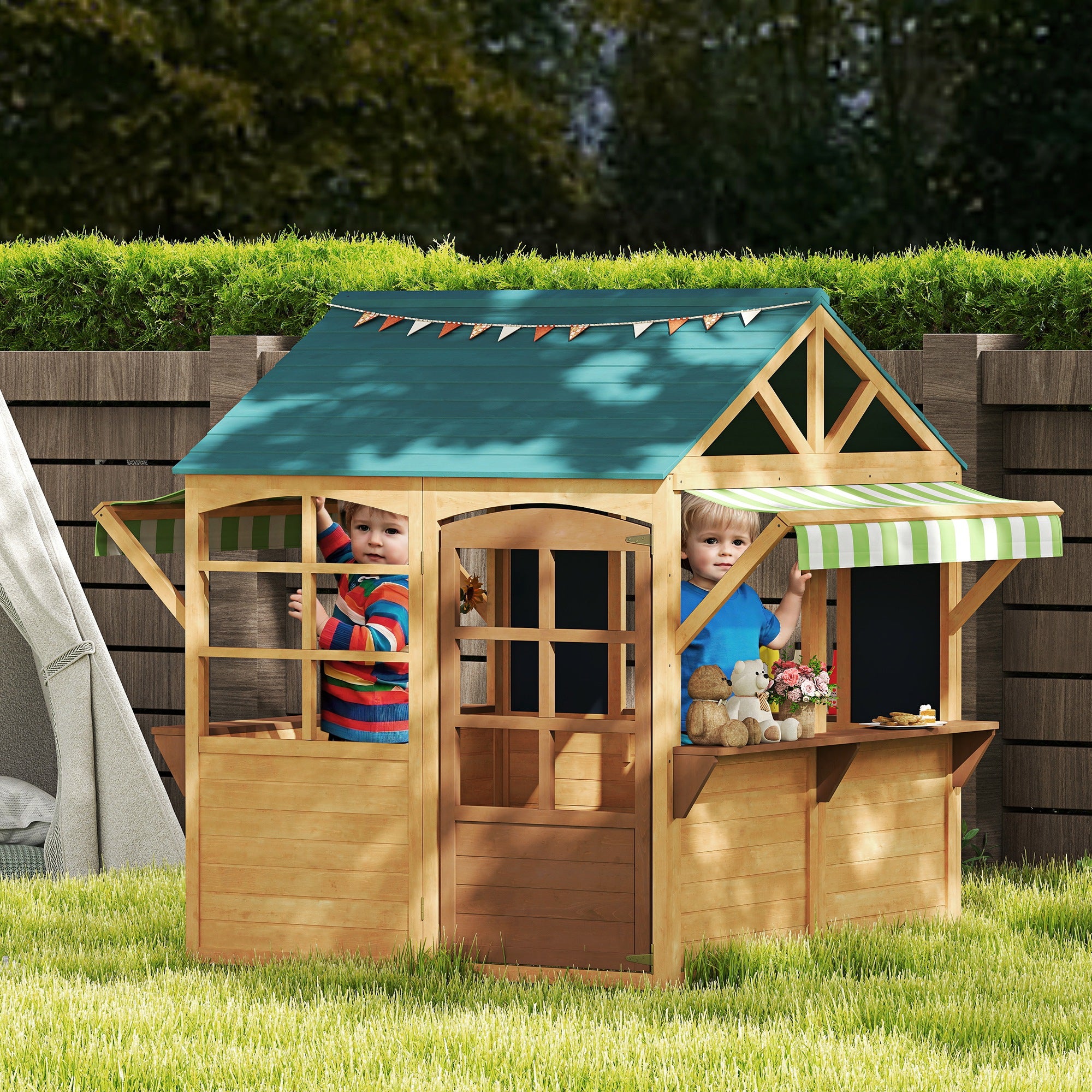 Wooden Outdoor Playhouse, Foldable Kids Cottage with Windows, Working Door, Snack Bars, Waterproof Covers, for 3-8 Years