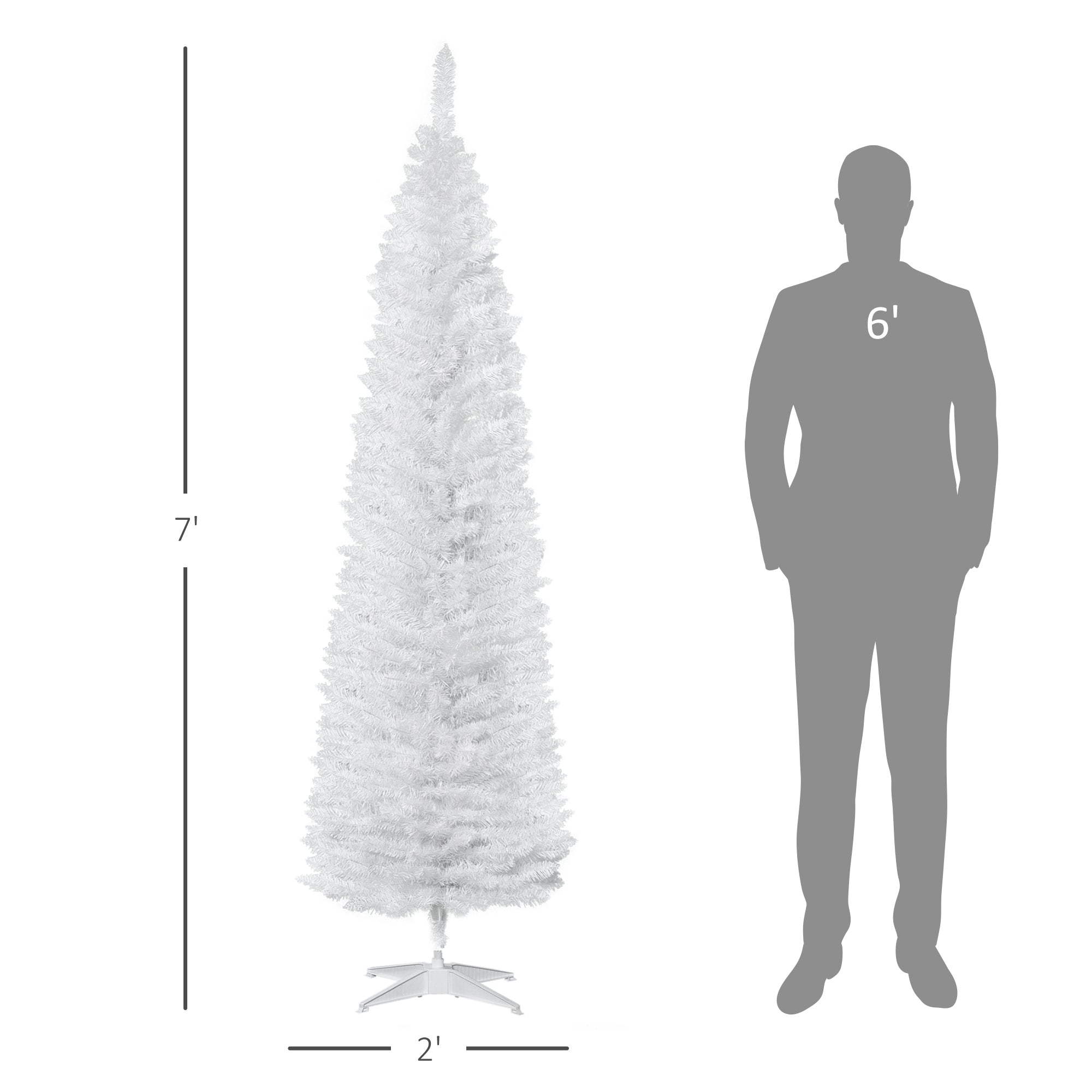 7ft Unlit Pencil Artificial Christmas Tree with Realistic Branches and 499 Tips, Plastic Base, White