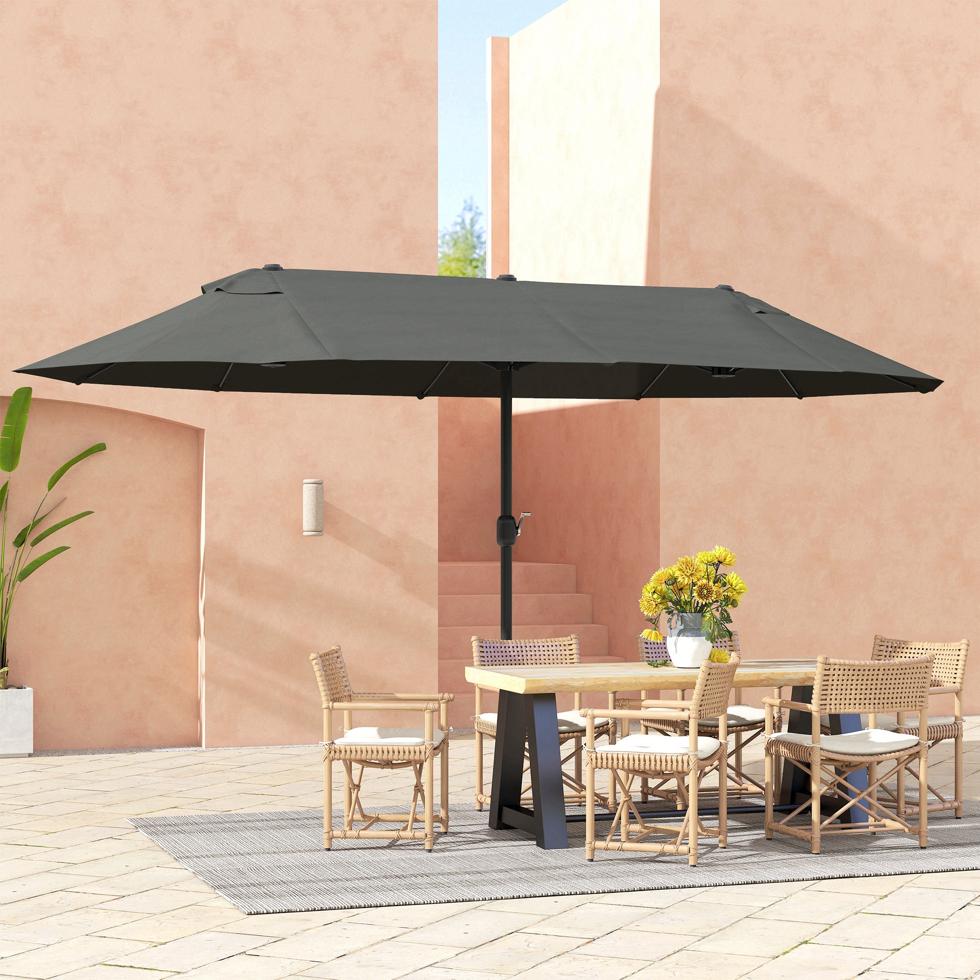 Extra Large 15 ft Patio Umbrella, Double-Sided Wide Outdoor Umbrella with Crank Handle and Air Vents for Backyard, Deck, Pool, Market, Gray
