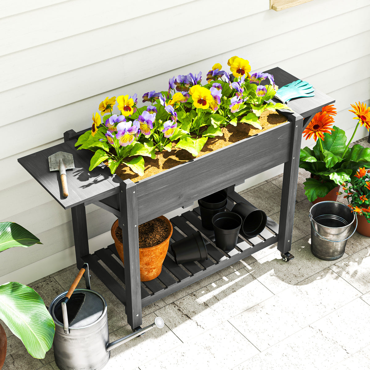 Wood Raised Planter Box, Elevated Garden Bed with Lockable Wheels, Side Tables, Bottom Shelf, Drain Holes, Gray