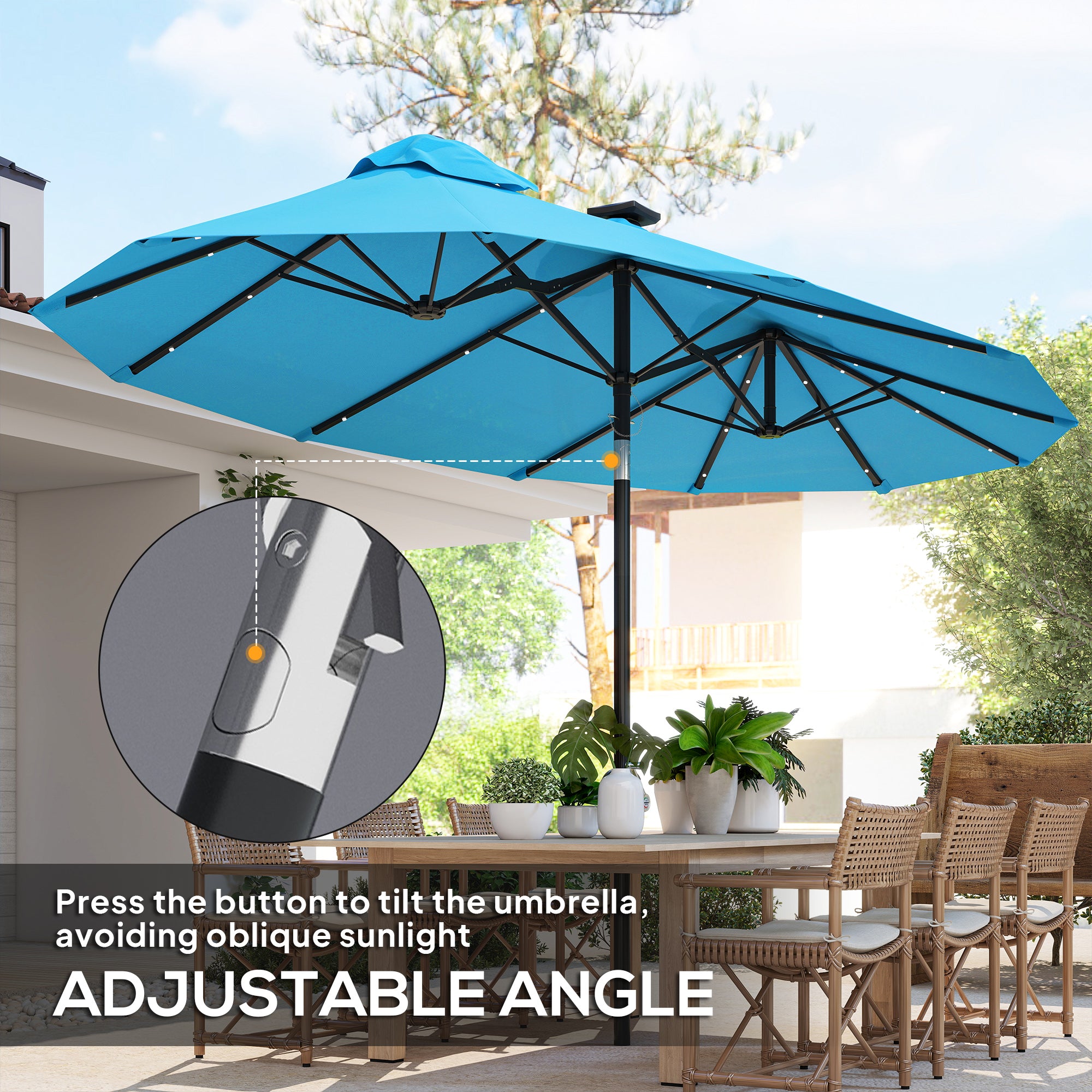 Double-sided Patio Umbrella, 9.7' Outdoor Umbrella with Tilt and Crank, LED Solar Light and 12 Ribs, Light Blue