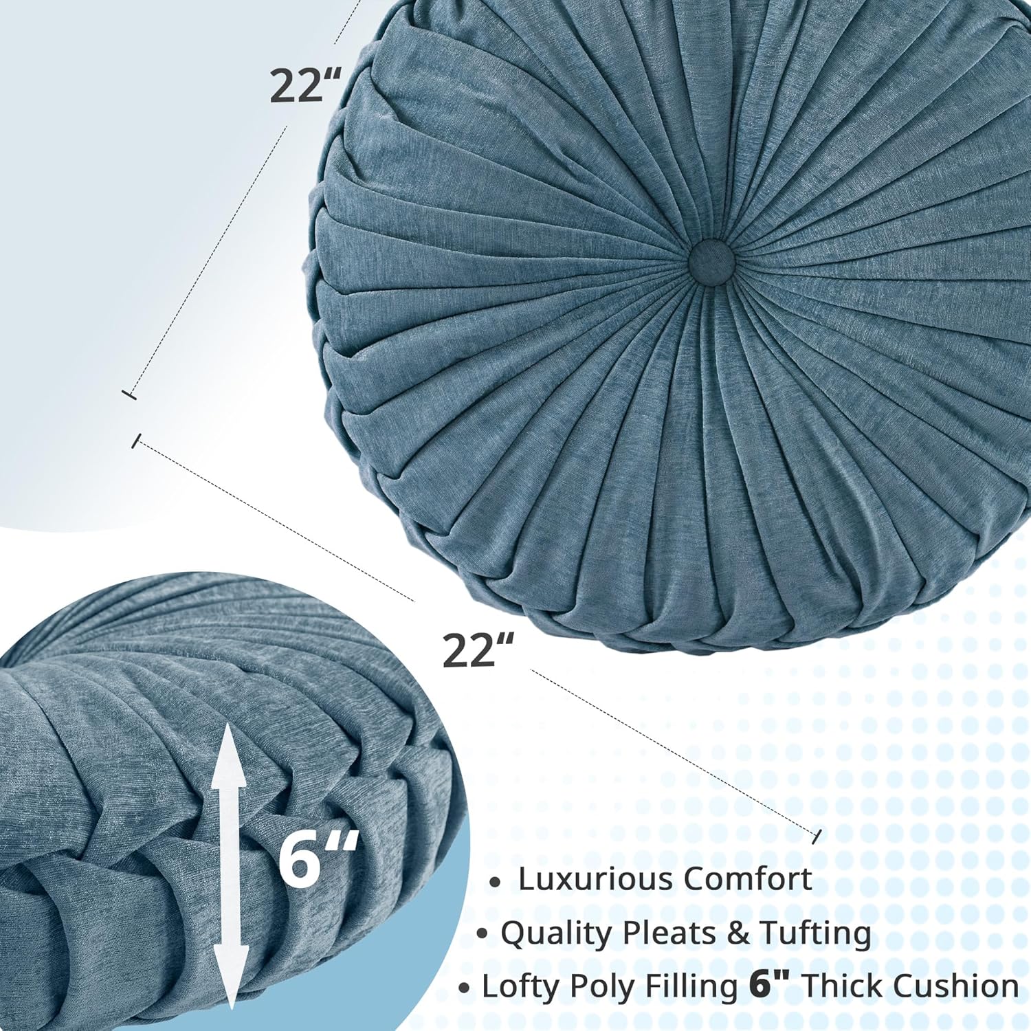 Stylish Poly Chenille Round Floor Pillow Cushion with Textured Fabric, Tufted Button Center, Pleated Detailing, 22" L x 22" W x 6" H, Aqua