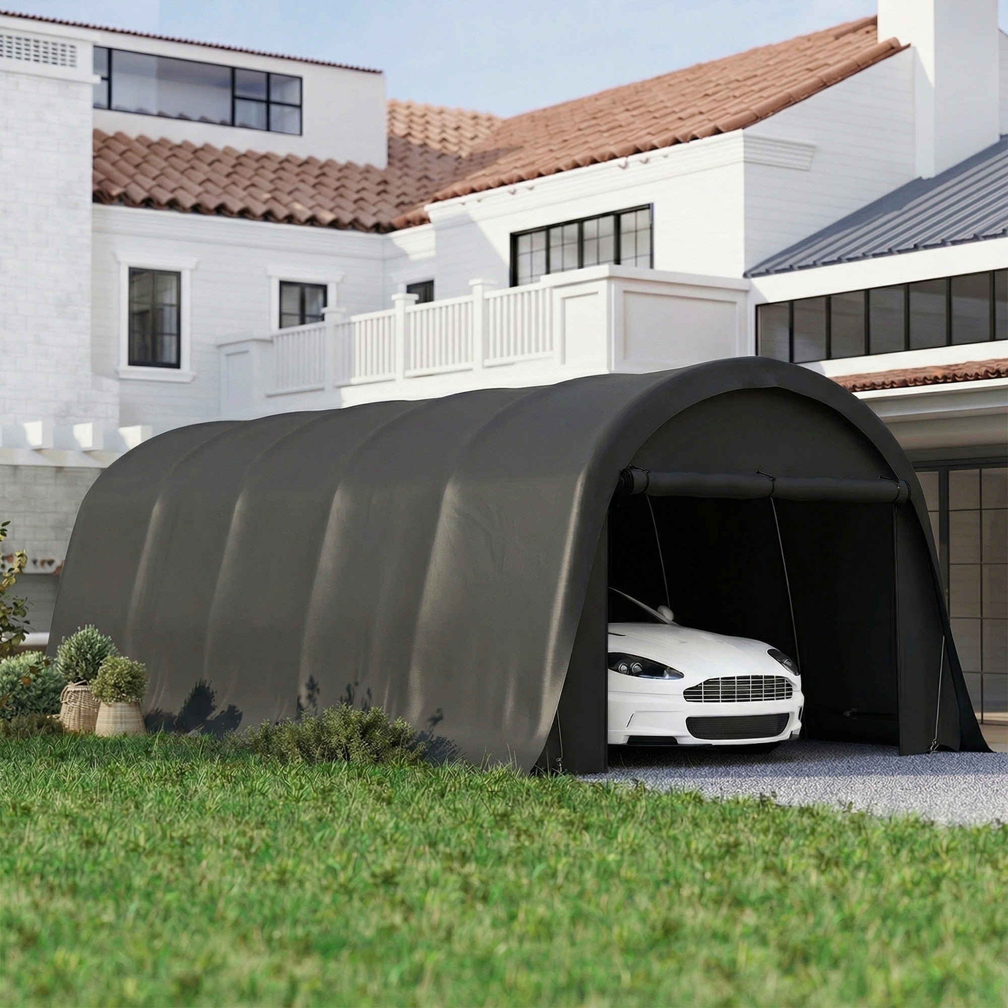 12' x 23.6' Heavy Duty Carport, UPF50+ Portable Garage Car Canopy Tent with Galvanized Frame, Large Door, Dark Gray