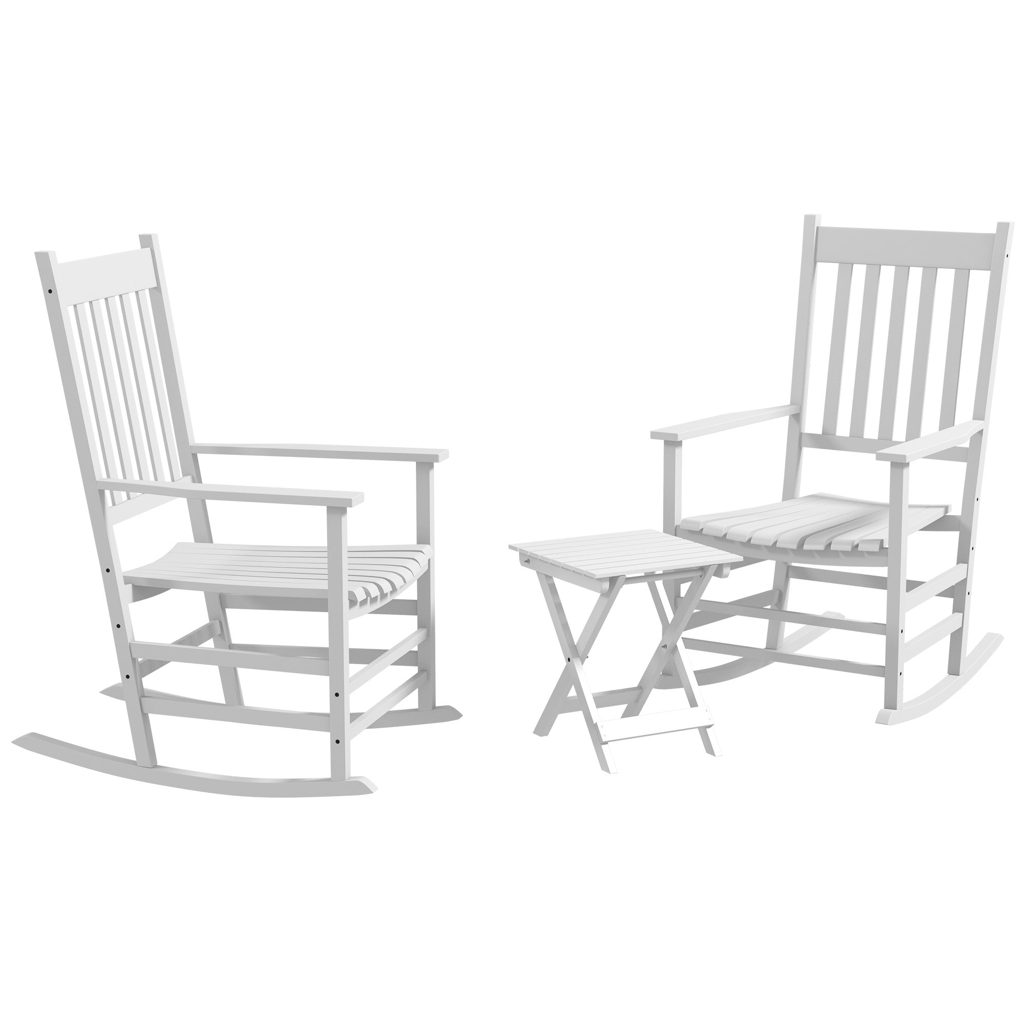 Wooden Rocking Chair Set, Curved Armrests, High Back, Slatted Top Table Outdoor Rocker Set, White