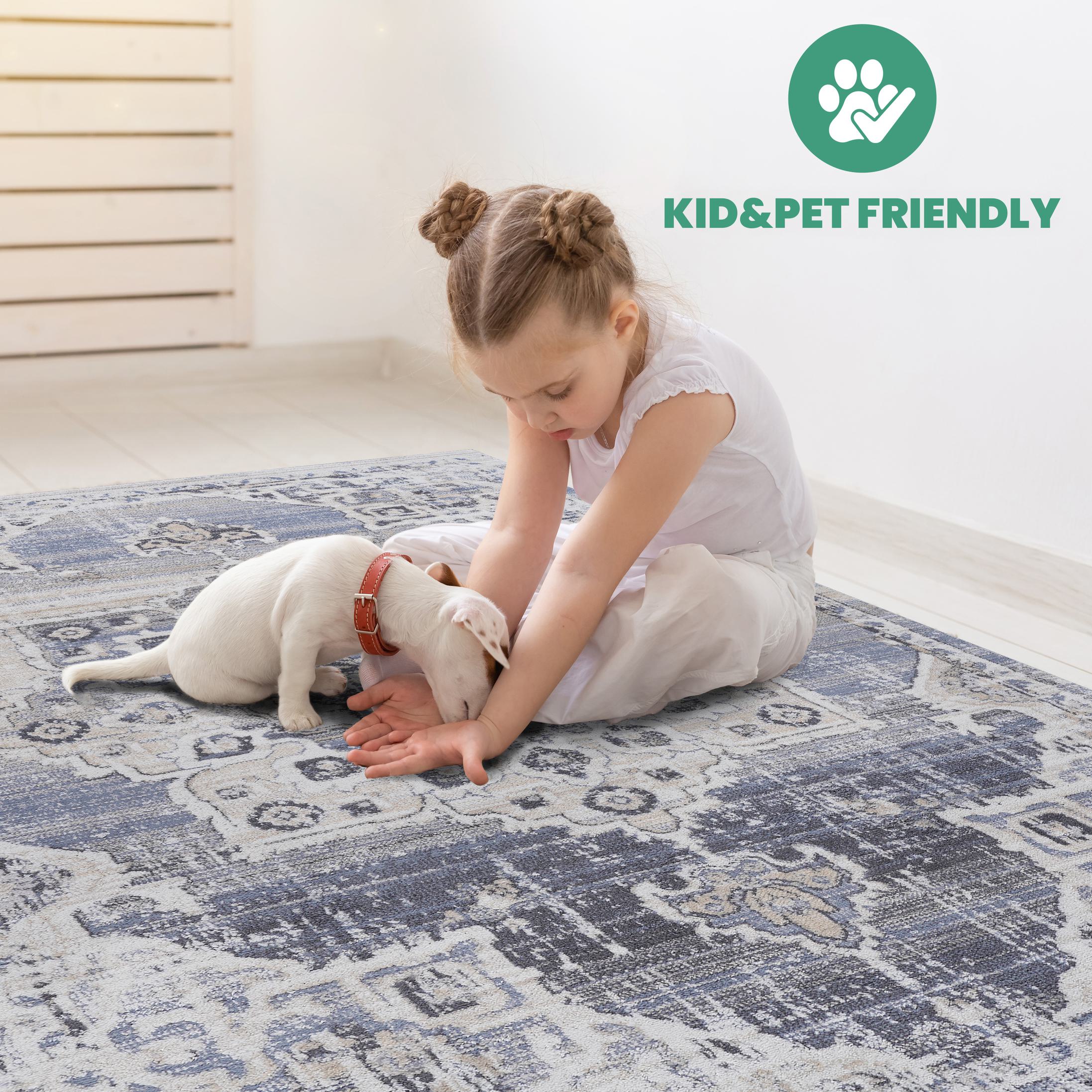 2x8 Stain-Resistant Area Rug with Cotton Backing, Carpet for Living Room, Bedroom, Home Office, 96" L x 26" W x 0.3" H, Cream+Blue