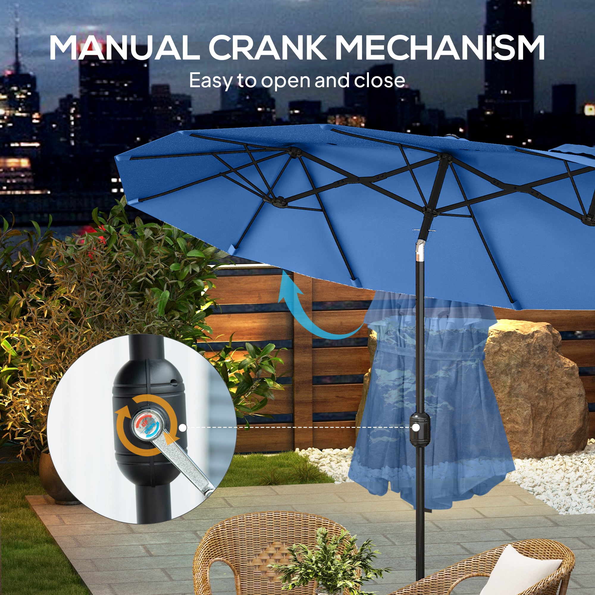 Double-sided Patio Umbrella, 9.5' Outdoor Umbrella with Push Button Tilt and Crank, 3 Air Vents and 12 Ribs, Navy Blue