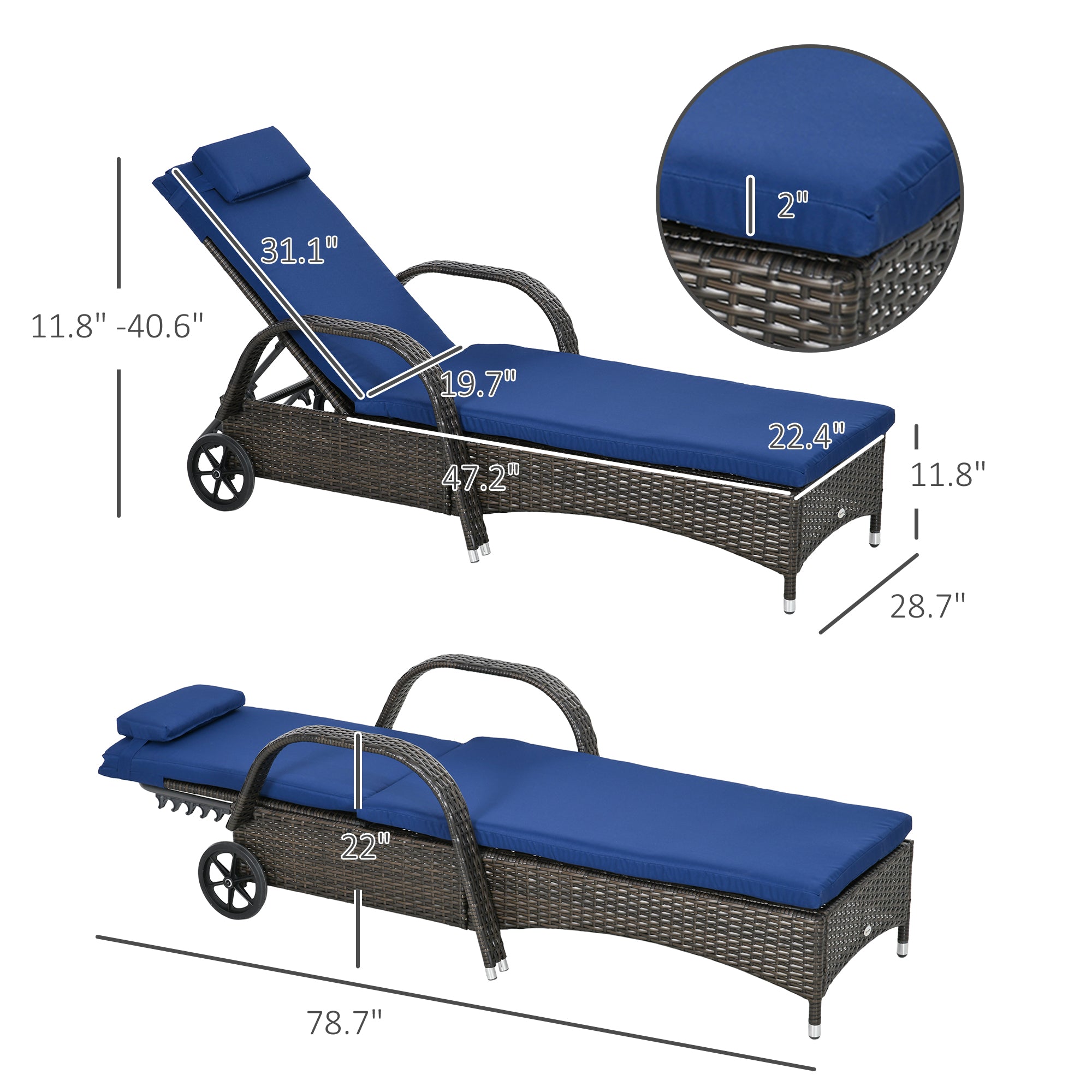 Reclining Chaise Lounge Chair, Rolling Outdoor Chair with Cushion, Pillow, Headrest, Armrests, and Wheels, Brown