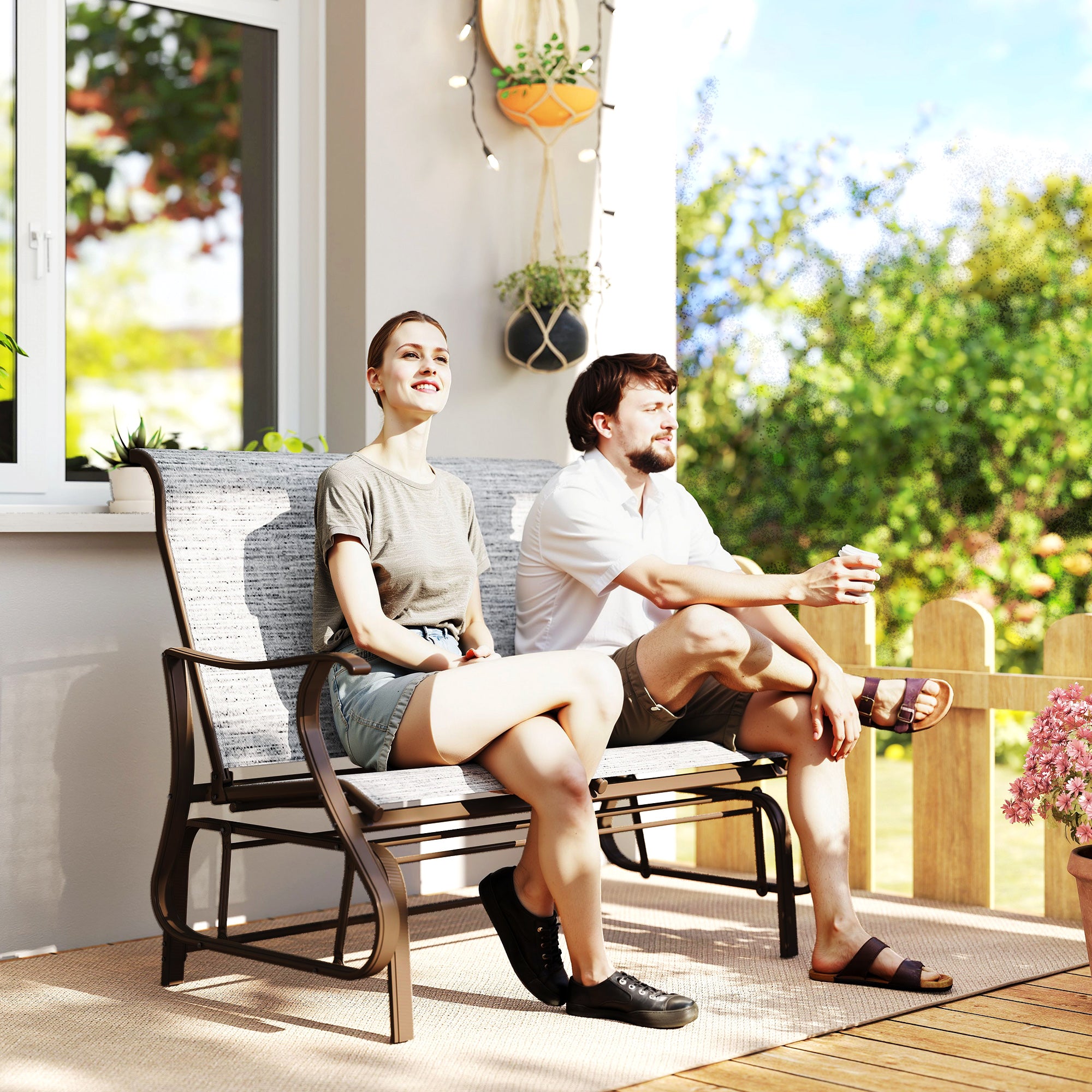 2-Person Outdoor Glider Bench, Patio Glider Loveseat Chair with Powder Coated Steel Frame, 2 Seats Porch Rocking Glider for Backyard, Lawn and Garden, Mixed Gray