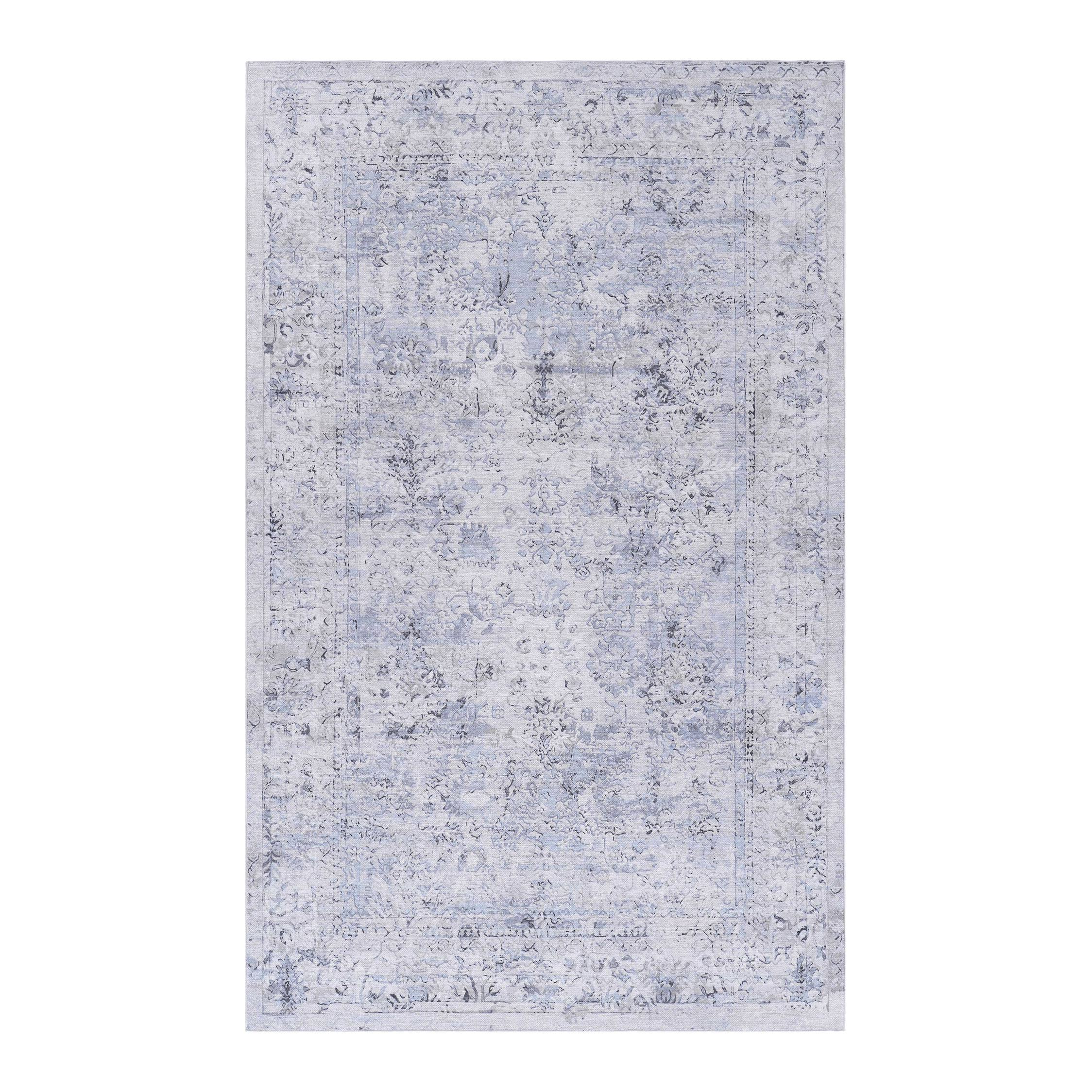 6x9 Low-Pile Non-Slip Non-Shedding Washable Area Rug, Kid and Pet Friendly, Foldable for Living Room, Bedroom, Dining Room, Blue+Cream