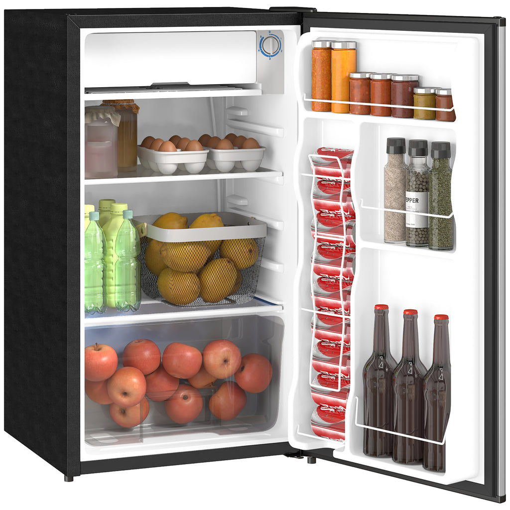 3.2 Cu.Ft Mini Fridge with Freezer, Compact Refrigerator with Adjustable Thermostat, Shelf and Single Reversible Door for Bedroom, Dorm, Home Office, Energy Efficient, Silver