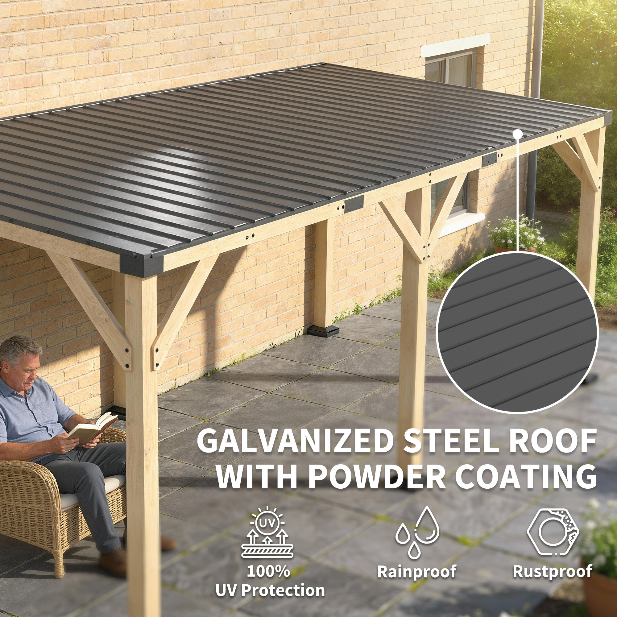 10' x 20' Wooden Gazebo, Hardtop Lean-to Gazebo Pergola with Galvanized Steel Sloped Roof, Light Walnut