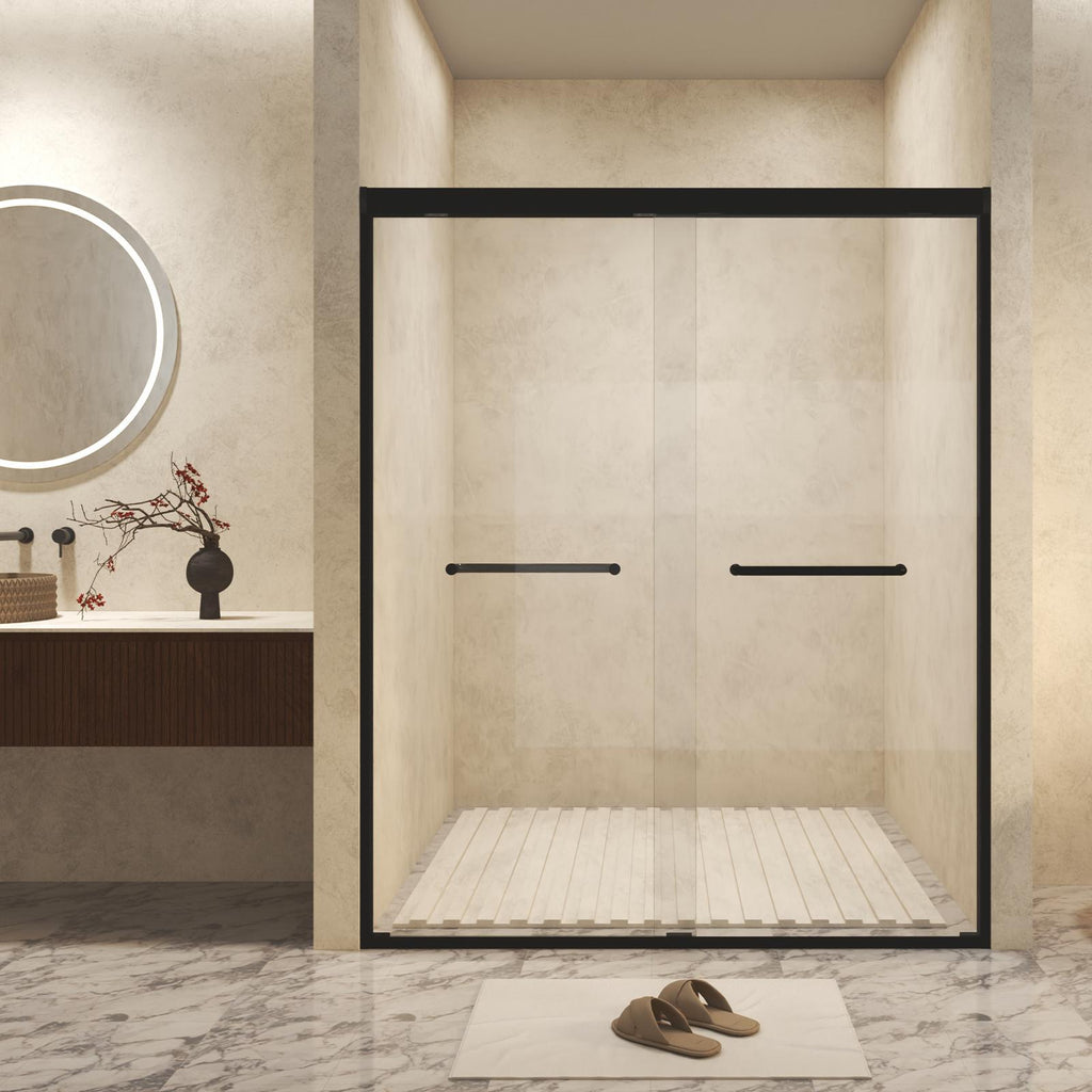 Aluminum Frame Double Sliding Shower Door with Safety Film, Stainless Steel Long Handle, Panel for Bathroom, 60" L x 0.5" W x 72" H, Matt Black