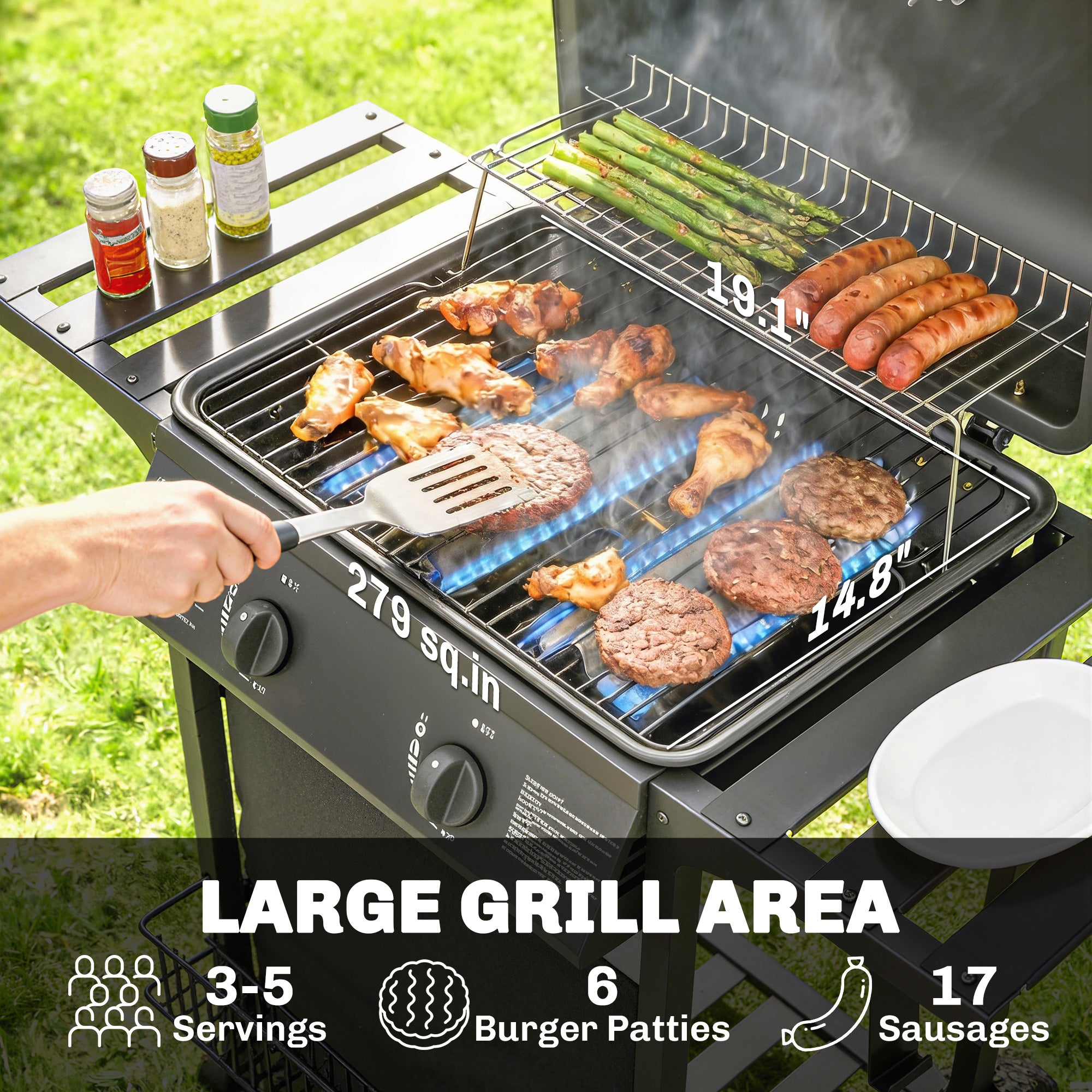 2 Burner Propane Gas Grill, 18000 BTU BBQ Grill with Wheels, Warming Rack, Shelf, Thermometer, Grease Cup, Black