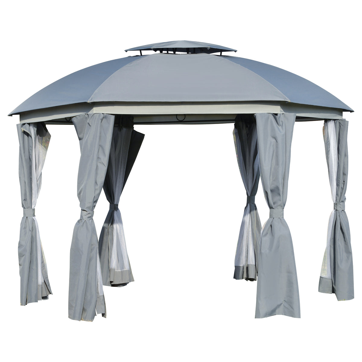 12' x 12' Round Outdoor Gazebo, Patio Dome Gazebo Canopy Shelter with Double Roof, Netting Sidewalls and Curtains, Zippered Doors, Strong Steel Frame, Grey