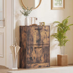 Shoe Cabinet 2 Flip Drawers Narrow Shoe Storage Unit Adjustable Dividers Entryway Hallway Rustic Brown