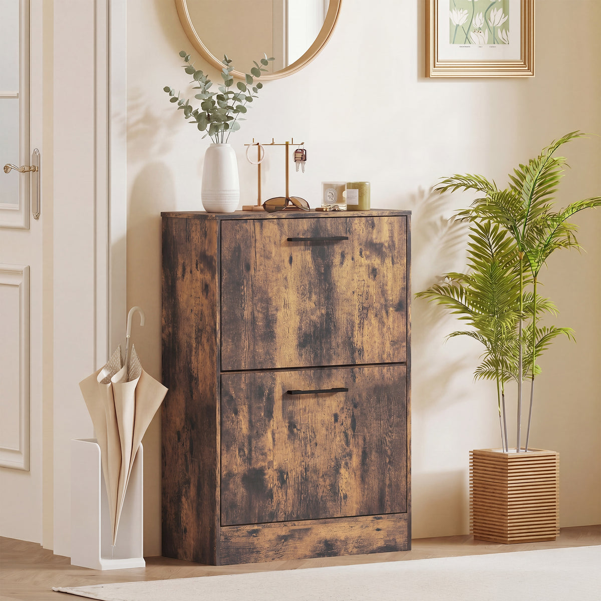 Shoe Cabinet 2 Flip Drawers Narrow Shoe Storage Unit Adjustable Dividers Entryway Hallway Rustic Brown