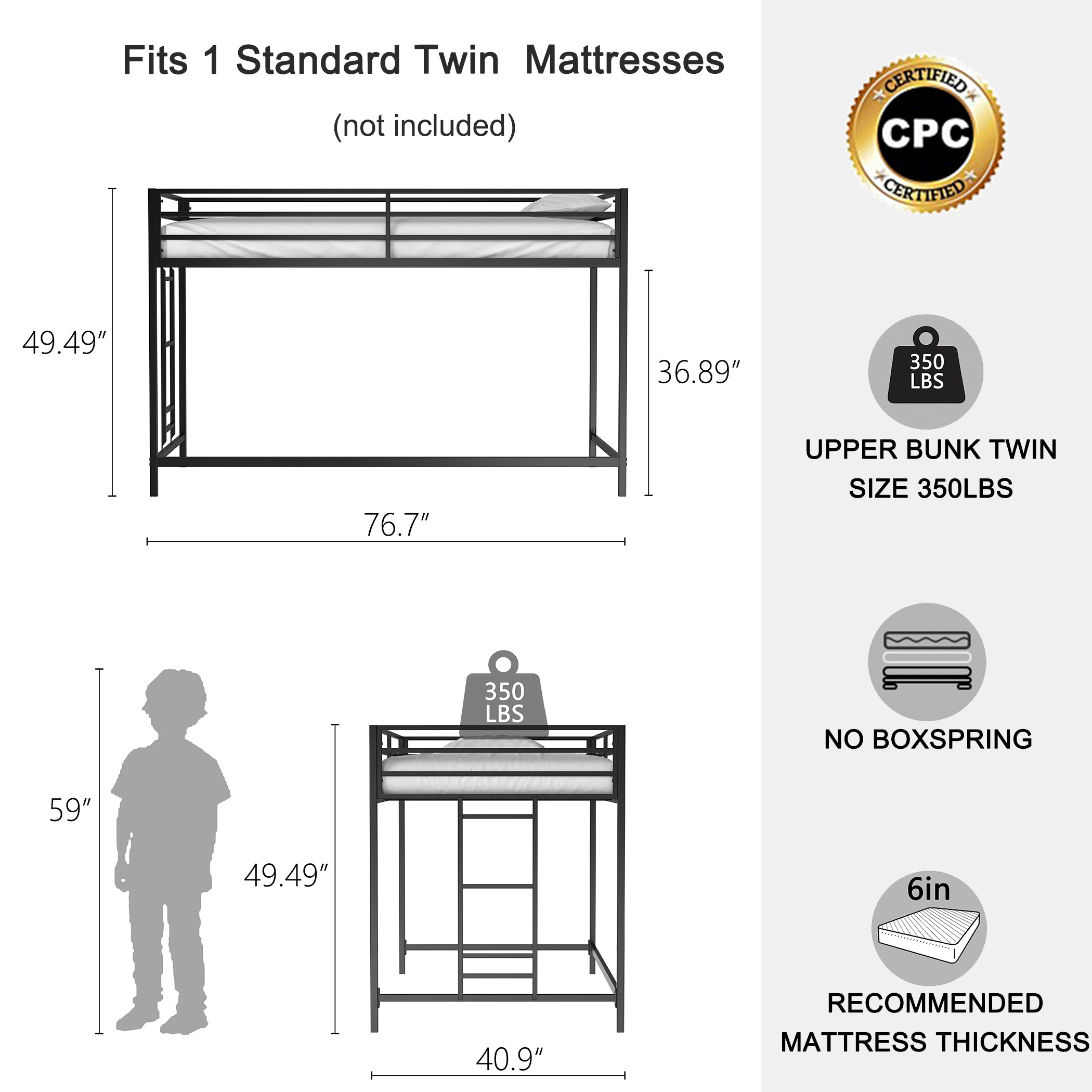 Junior Twin Loft Bunk Metal Bed Frame with Full-Length Guardrails, Anti-Noise Design, and Protective Post Caps, 76.69″ L x 40.94″ W x 49.49″ H, Black