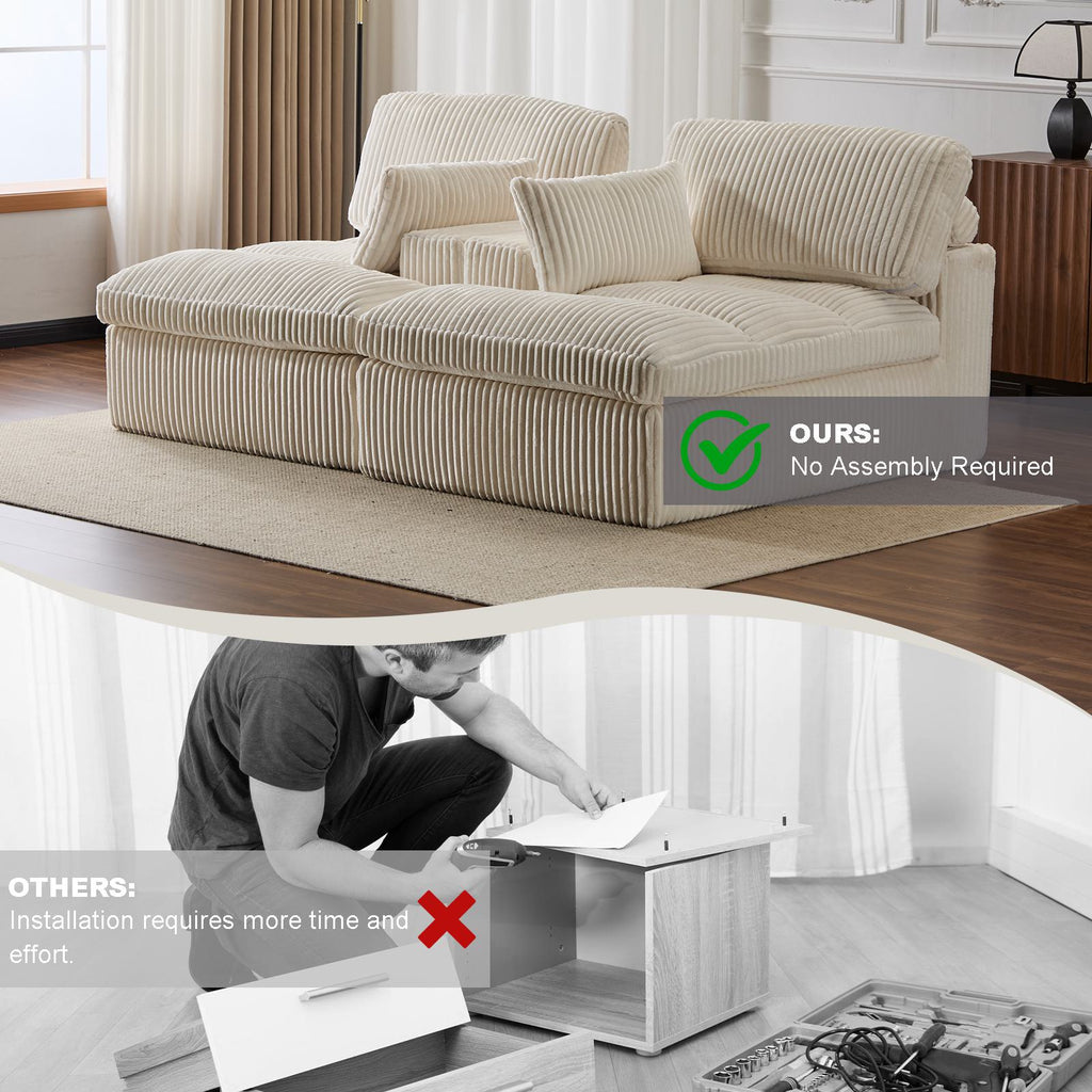 Deep Seat Sofa Double Chaise Lounge Chair with Corduroy Fabric, Compressed Sofa Sectional Loveseat for Apartments, 82.5'' L x 57'' W x 23.5'' H, White