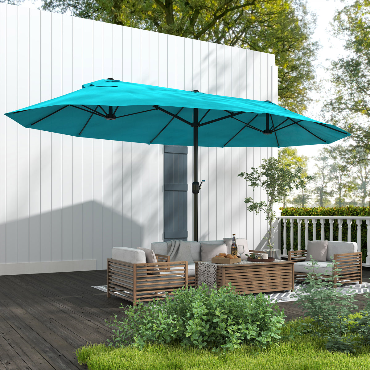 Patio Umbrella, 15' Steel Rectangular Outdoor Double Sided Market Umbrella with Base, Sun Protection & Easy Crank, Blue