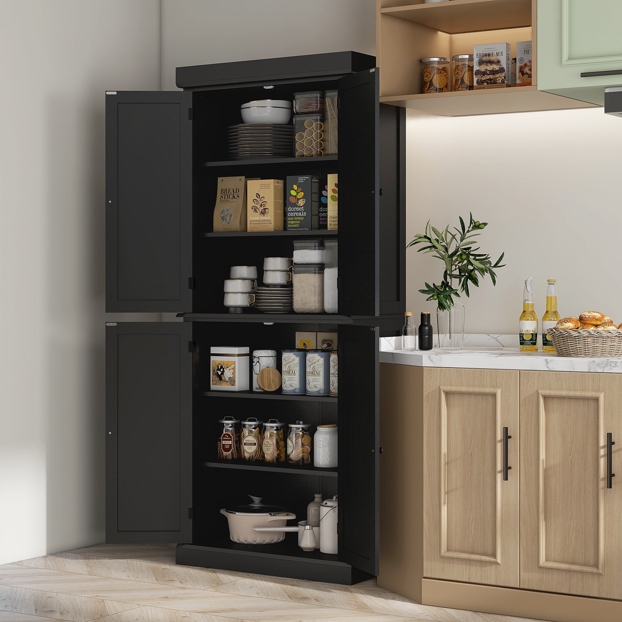 72" Kitchen Cabinet, Pantry Storage Cabinet with Doors and Shelves, Freestanding Food Pantry Cabinet, Black