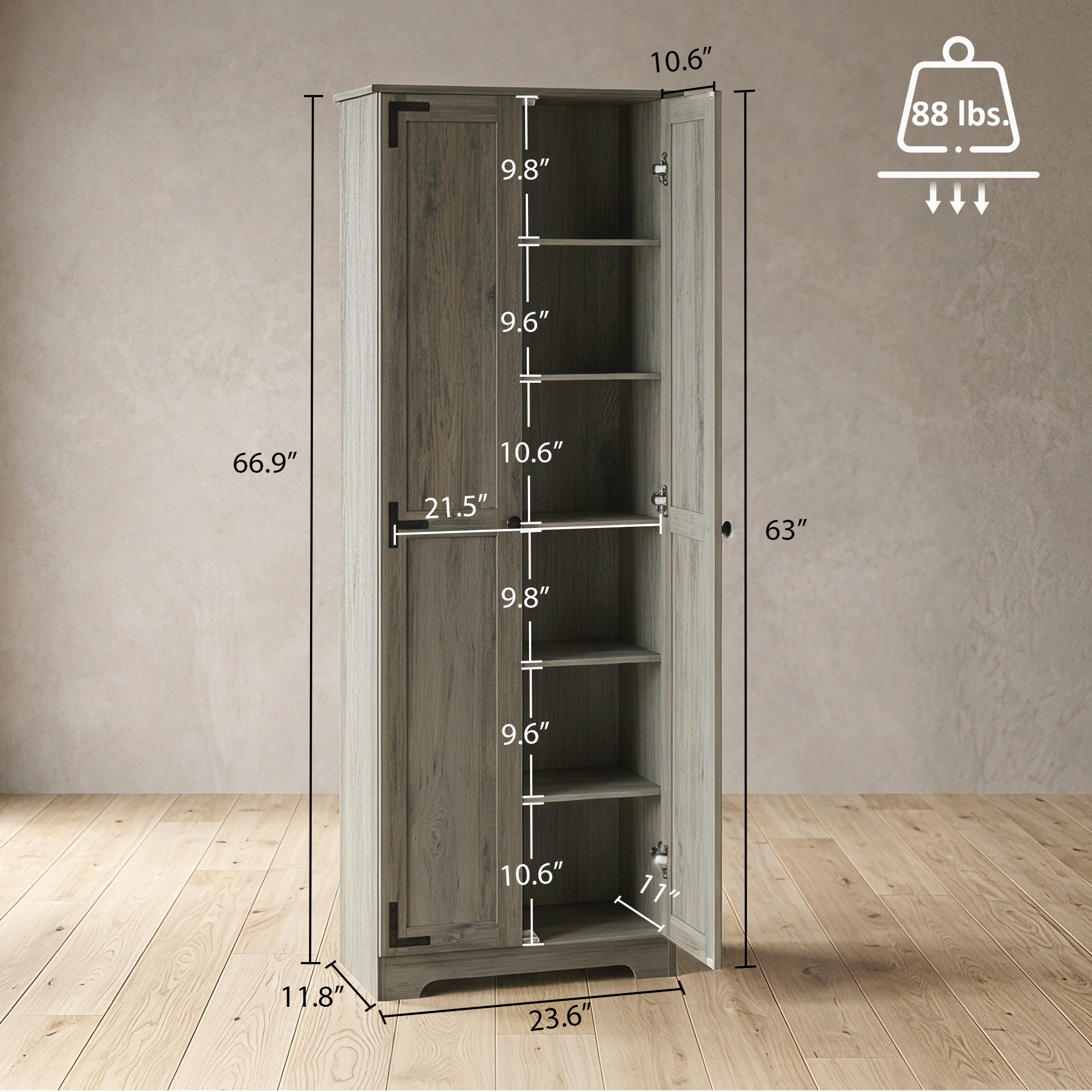 67" Farmhouse Pantry Cabinet, Freestanding Food Pantry Cabinet with Adjustable Shelves, Distressed Gray