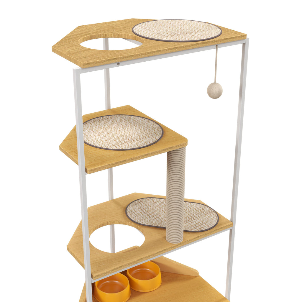 Corner Multi-Level Cat Tower and Condo with Scratching Post, Feeding Station, 25" L x 16" W x 58.5" H, White+Light Oak