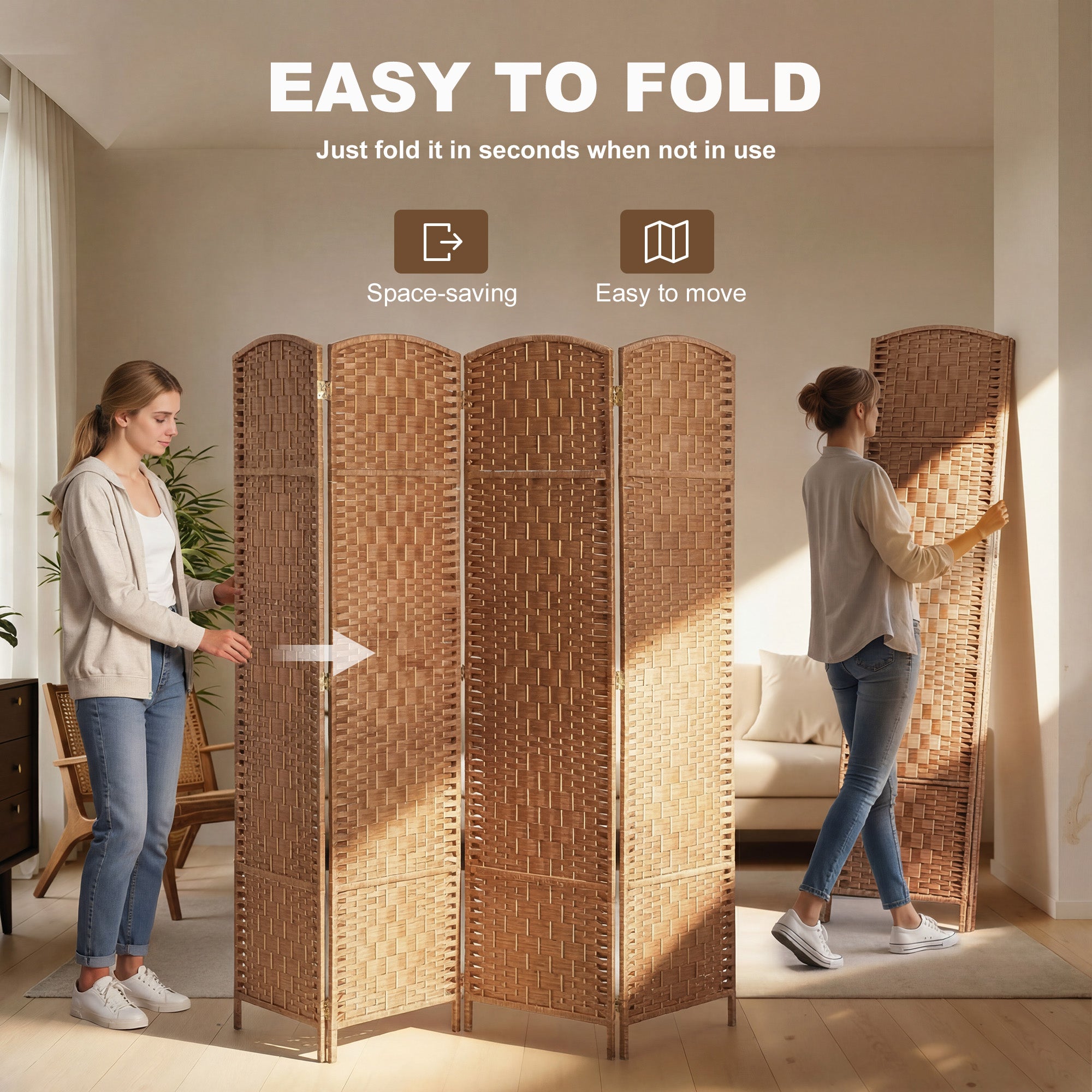Room Divider 4 Panel, 6FT Tall Folding Privacy Screen, Freestanding Hand-Woven Partition for Room Separation with 360° Hinges, Paper Rope Diamond Weave, Natural