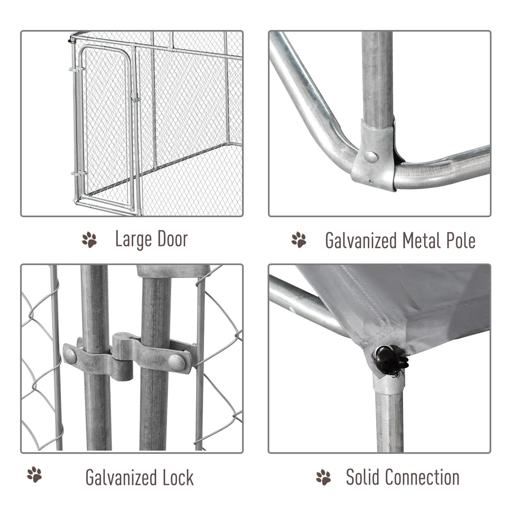 Outdoor Dog Kennel Galvanized Steel Fence with Cover Secure Lock Mesh Sidewalls for Backyard 9.8' x 9.8' x 7.7'